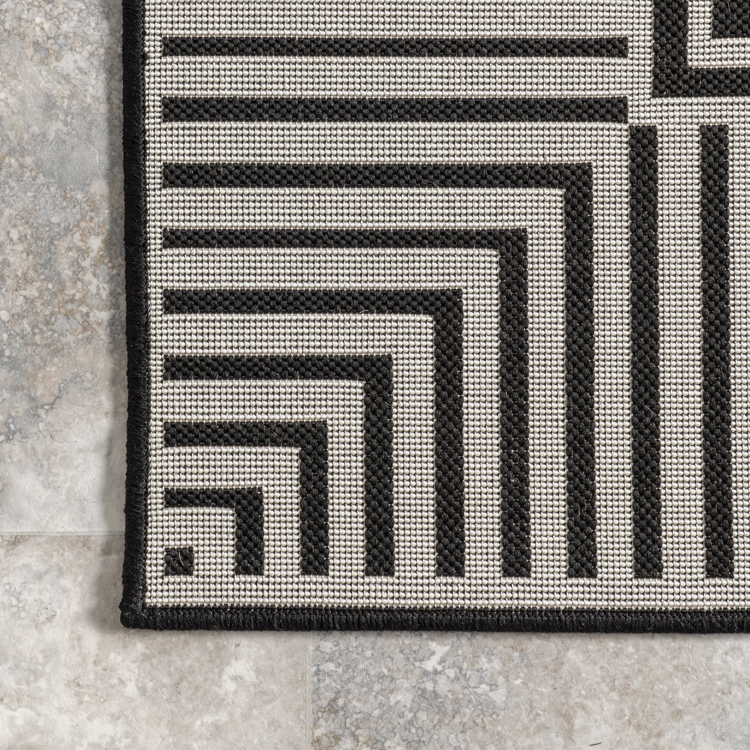 Striped Border Indoor/Outdoor Flatweave Rug | Black - Image 3