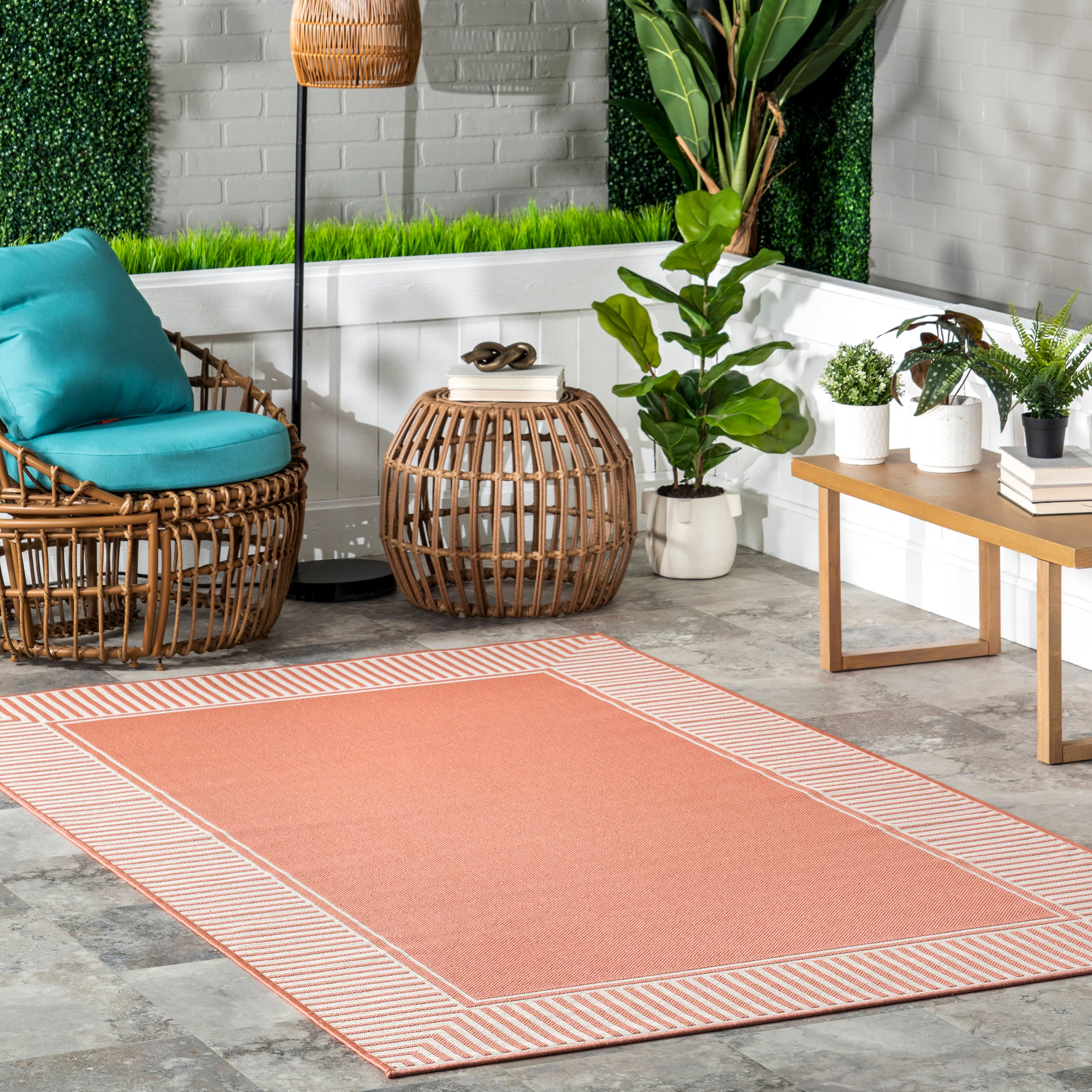 Striped Border Indoor/Outdoor Flatweave Rug | Coral - Image 2