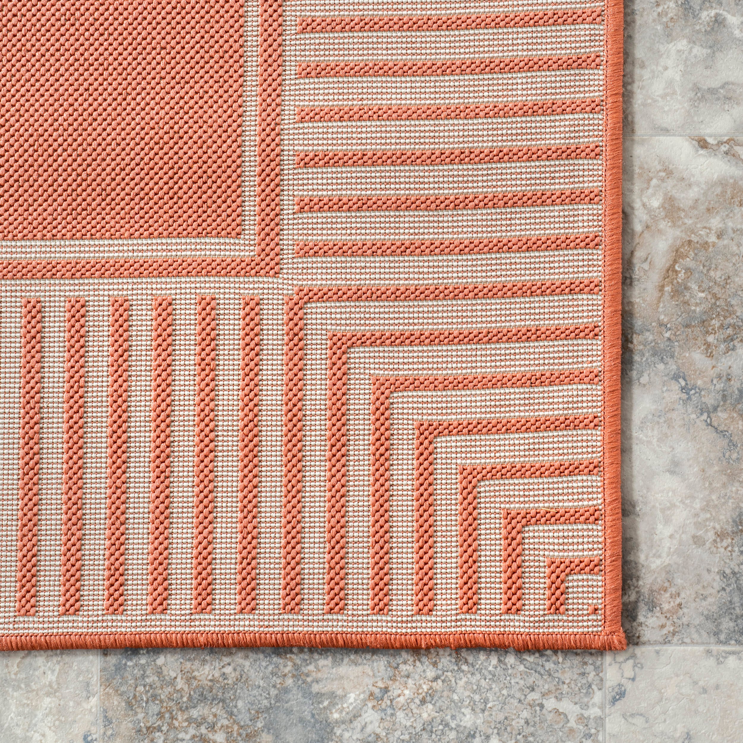 Striped Border Indoor/Outdoor Flatweave Rug | Coral - Image 3