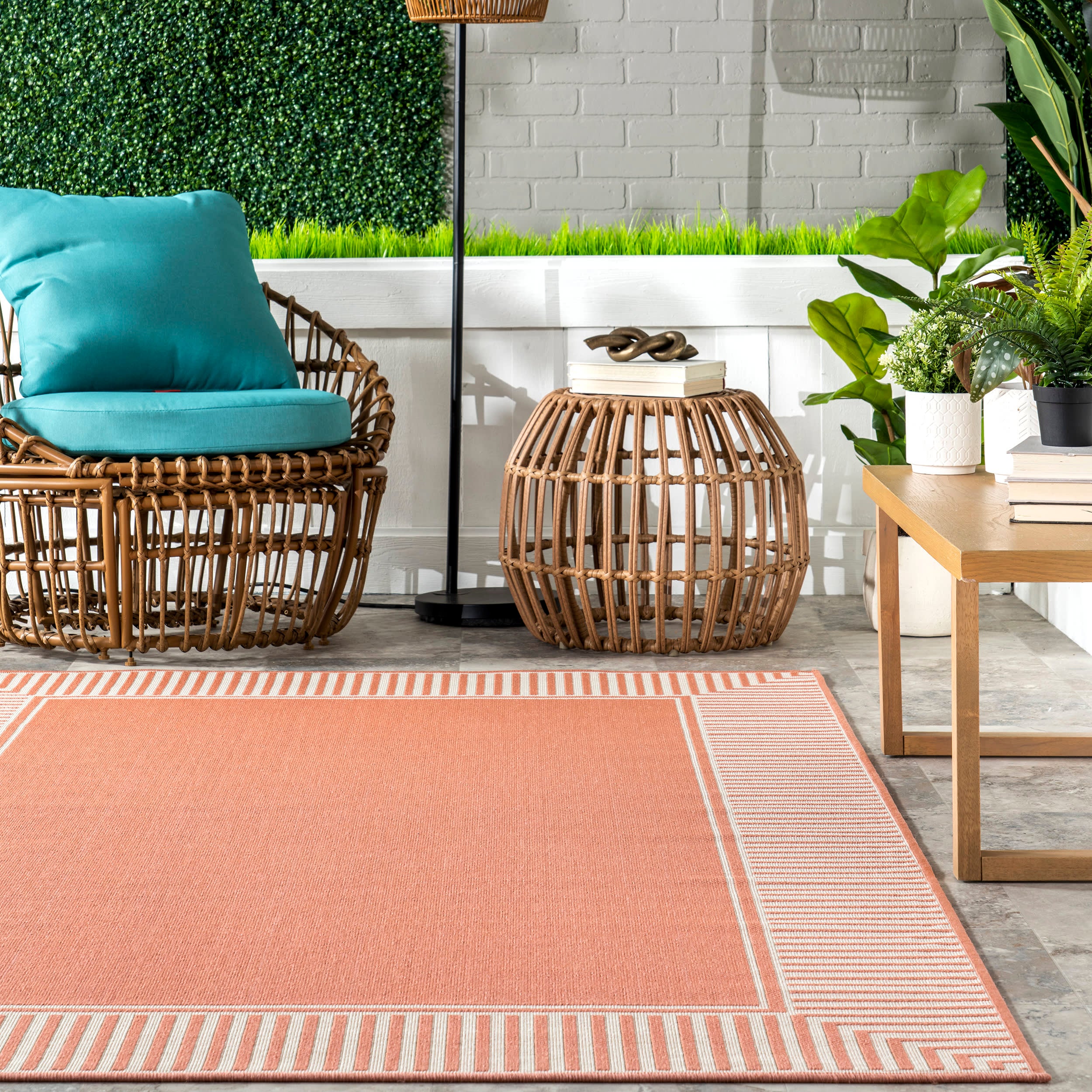 Striped Border Indoor/Outdoor Flatweave Rug | Coral - Image 4