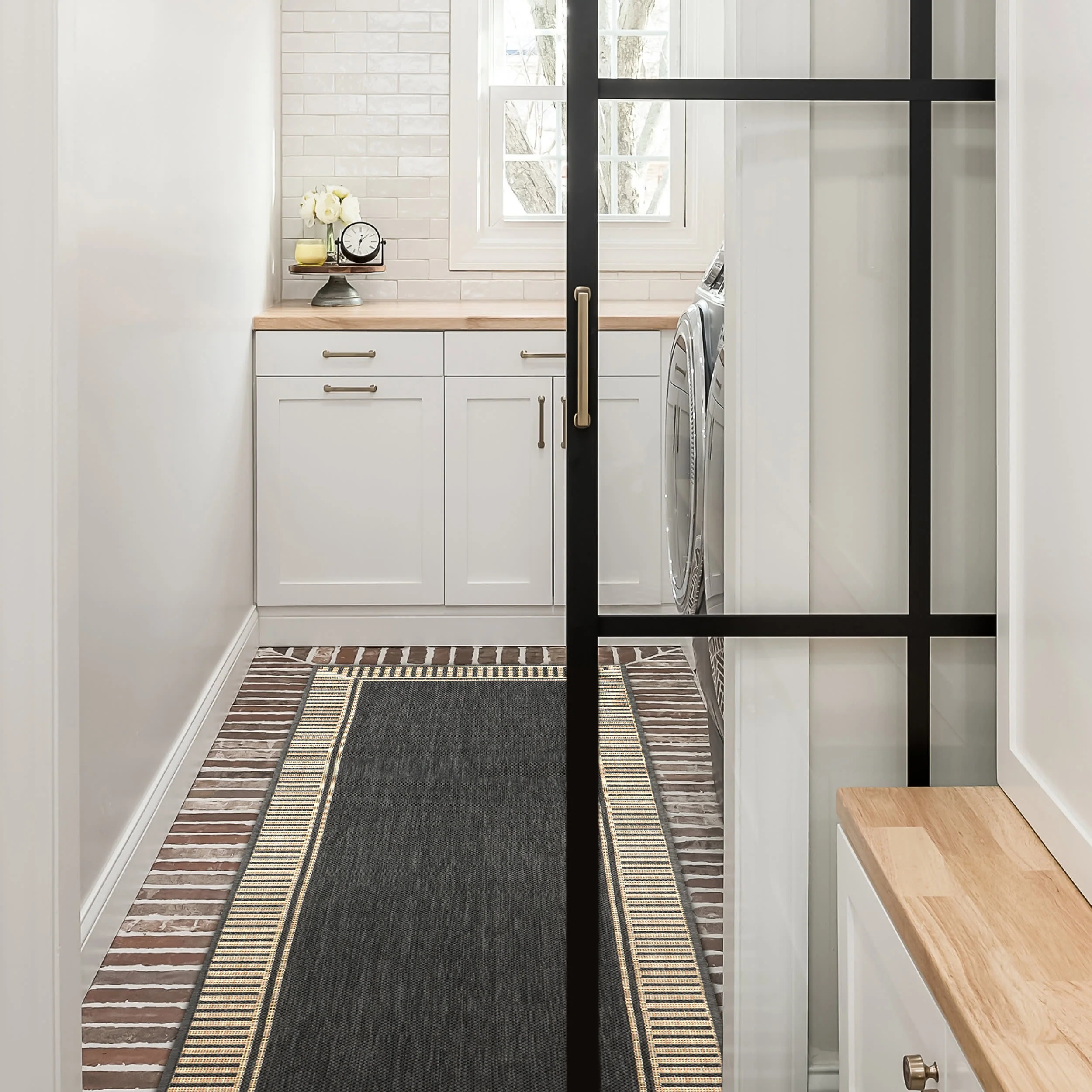 Striped Border Indoor/Outdoor Flatweave Rug | Dark Grey - Image 2
