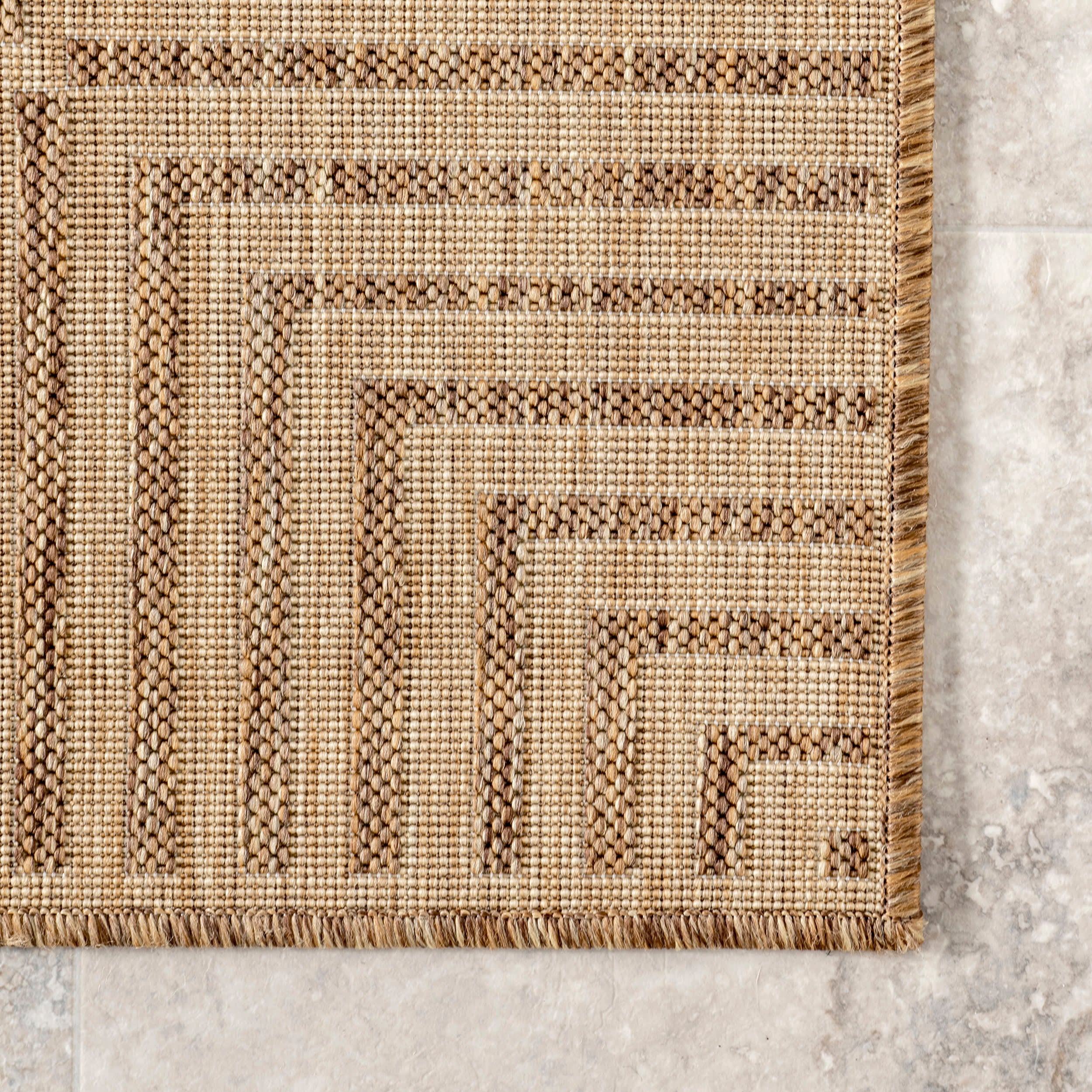 Striped Border Indoor/Outdoor Flatweave Rug | Light Brown - Image 3