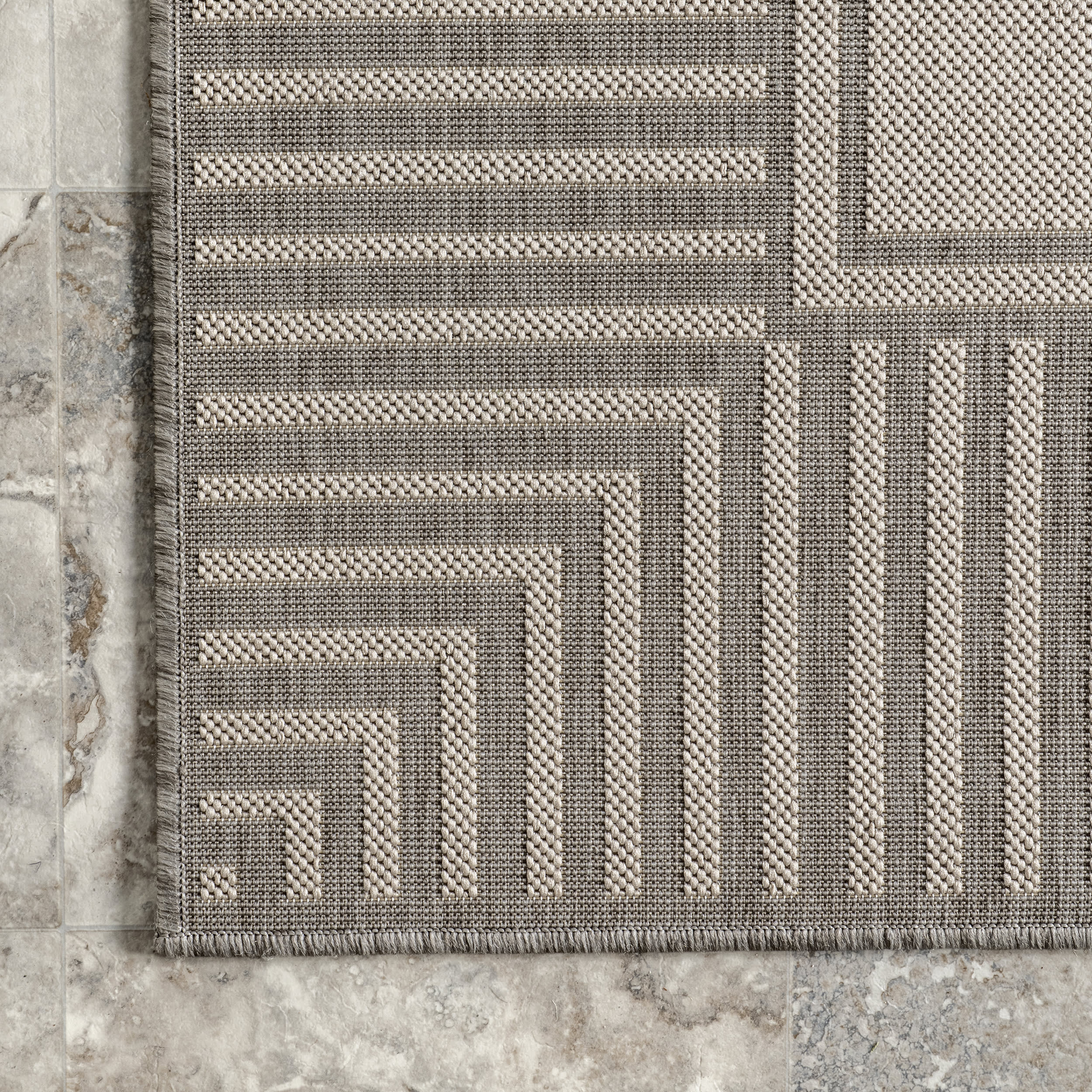 Striped Border Indoor/Outdoor Flatweave Rug | Light Grey - Image 3