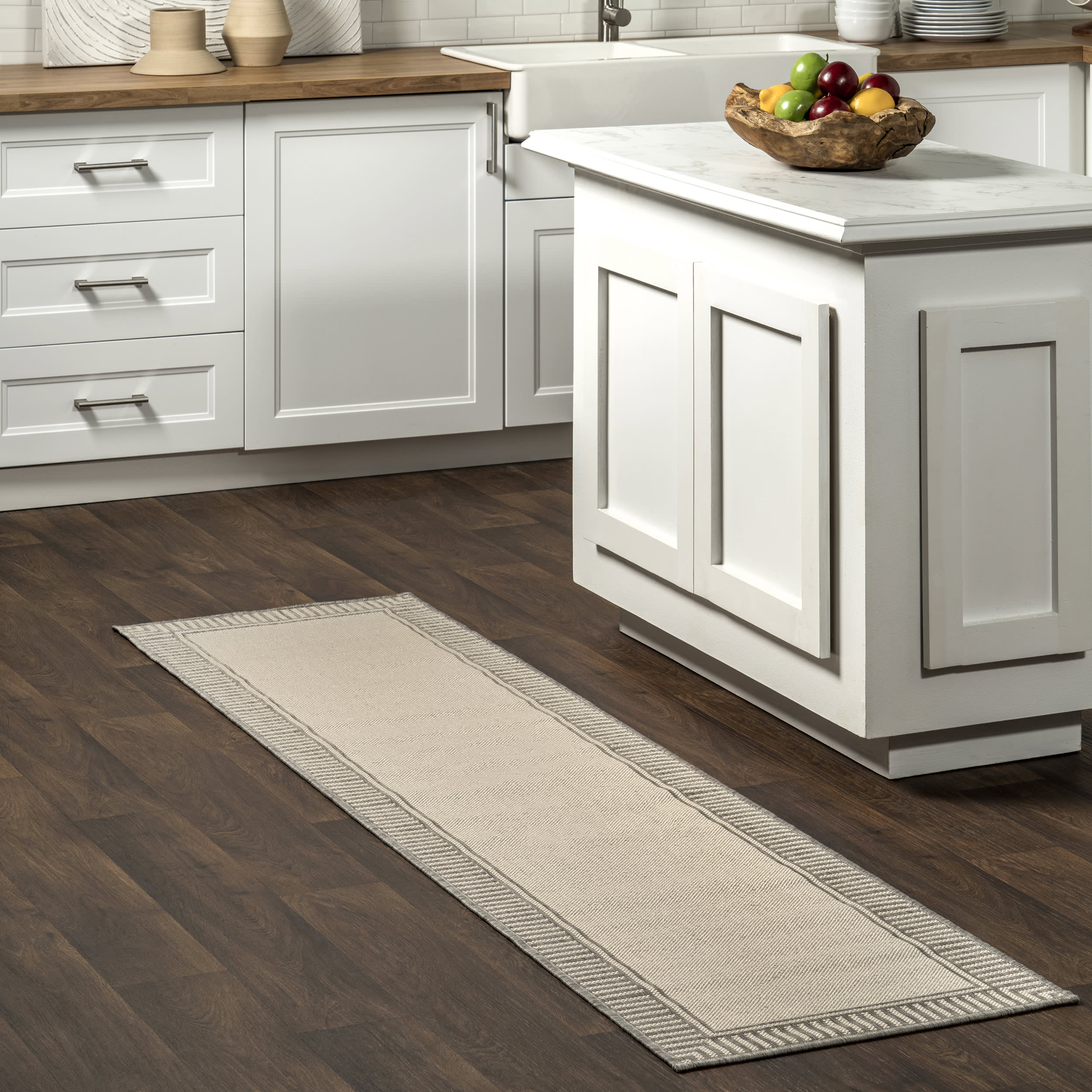 Striped Border Indoor/Outdoor Flatweave Rug | Light Grey - Image 2