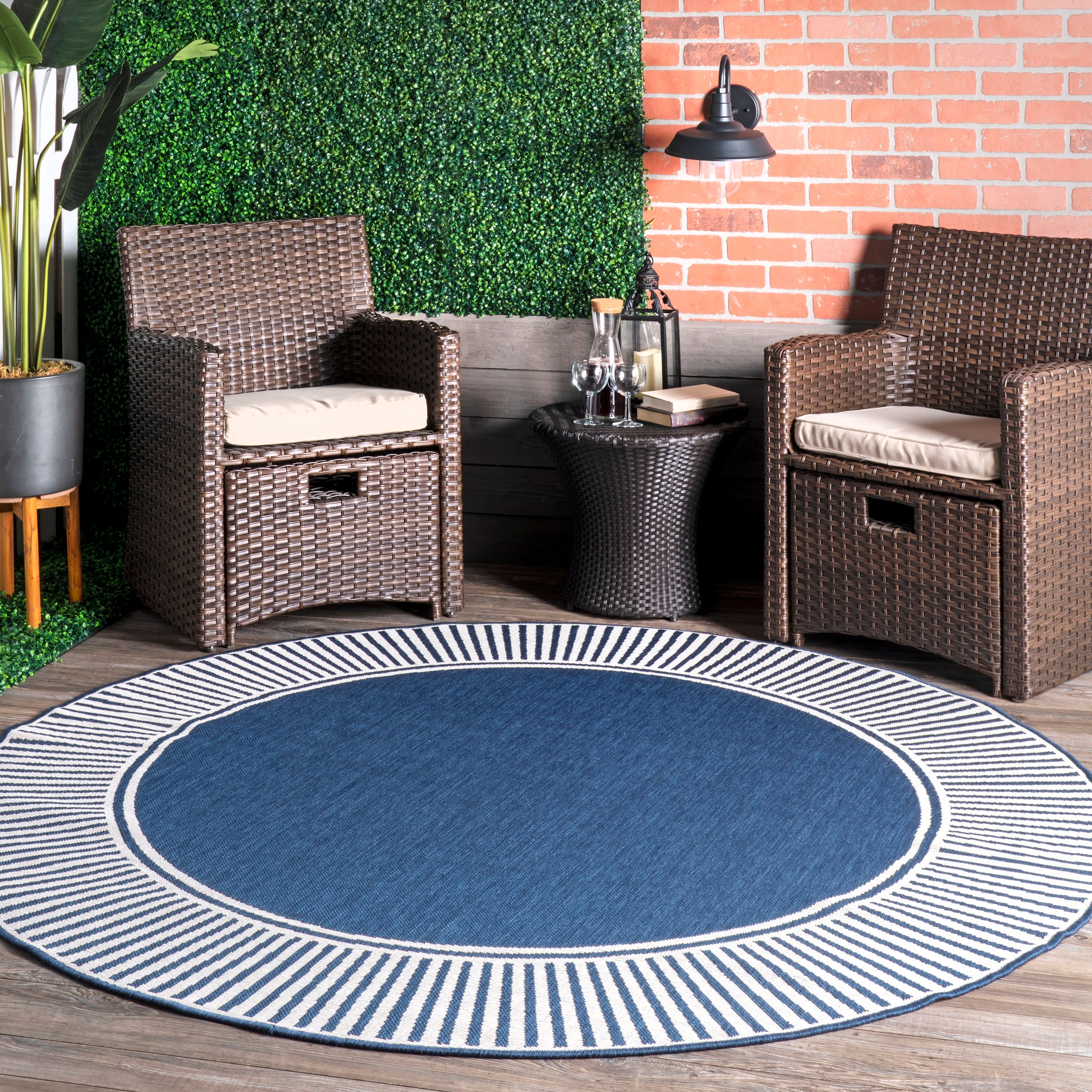 Striped Border Indoor/Outdoor Flatweave Rug | Navy - Image 2