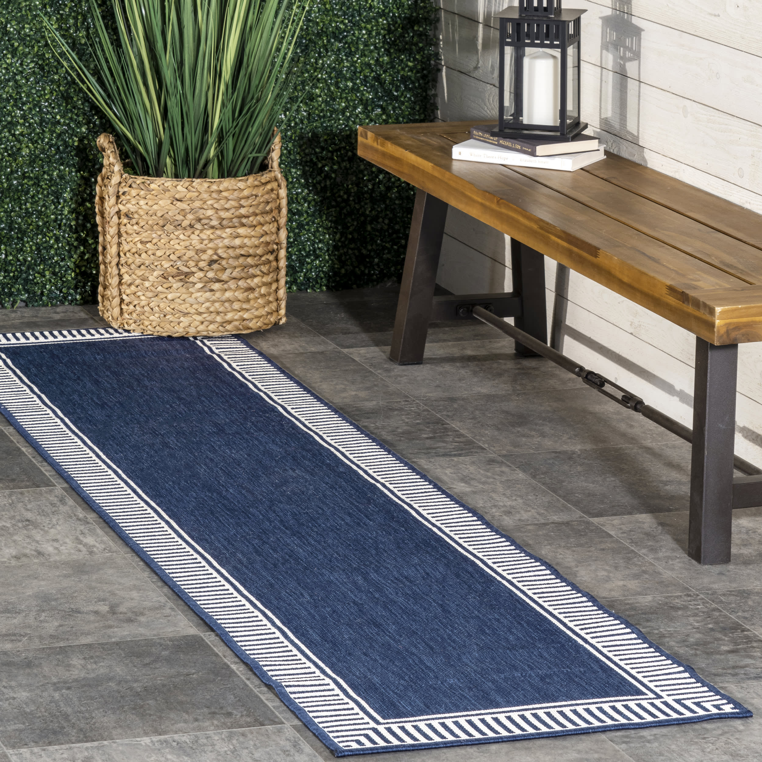 Striped Border Indoor/Outdoor Flatweave Rug | Navy - Image 2