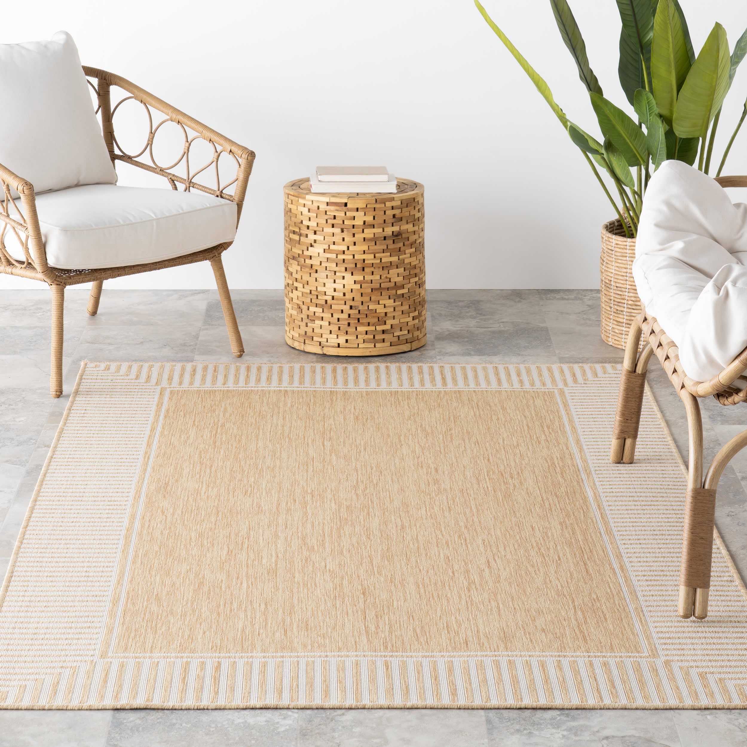 Striped Border Indoor/Outdoor Flatweave Rug | Tan - Image 5