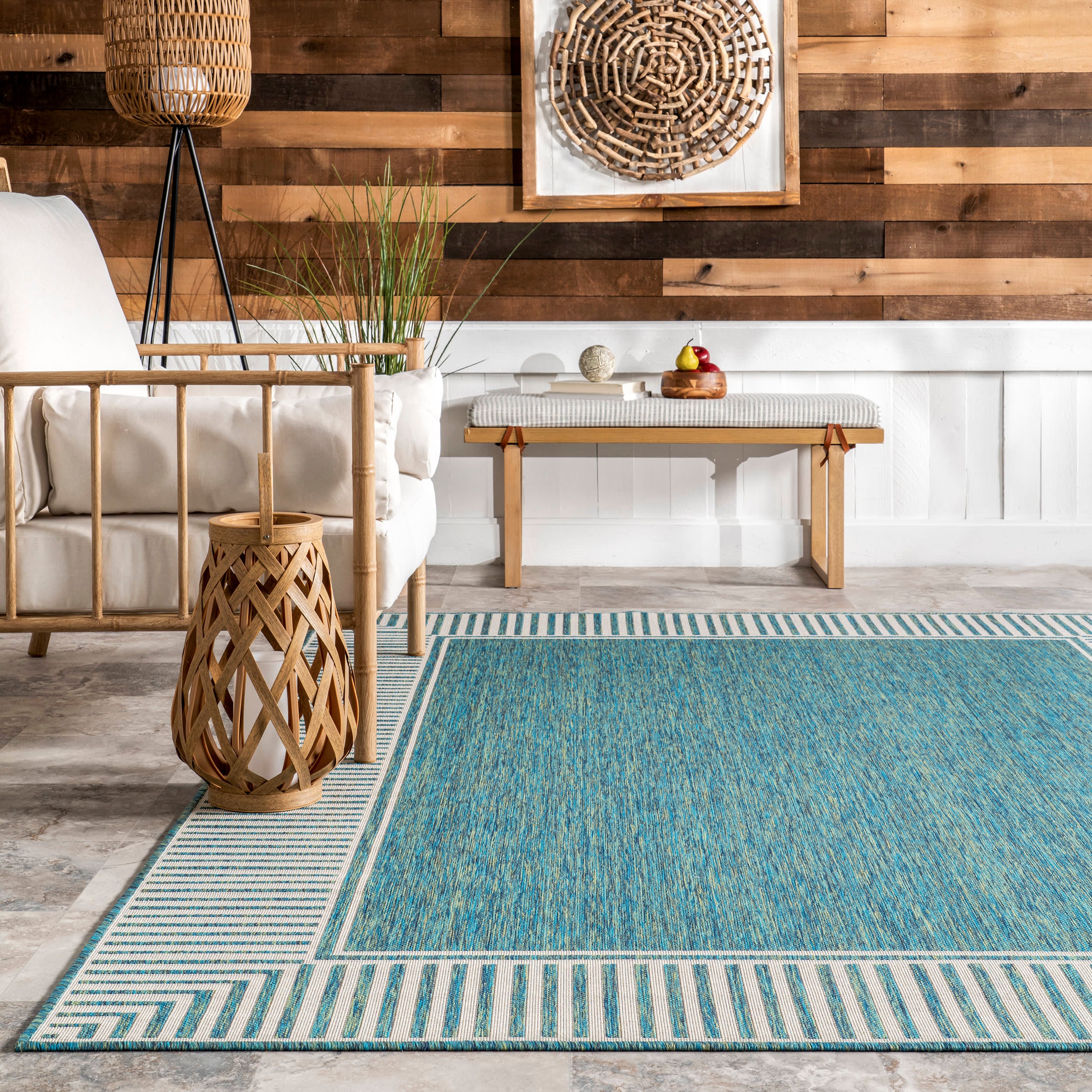 Striped Border Indoor/Outdoor Flatweave Rug | Teal - Image 4