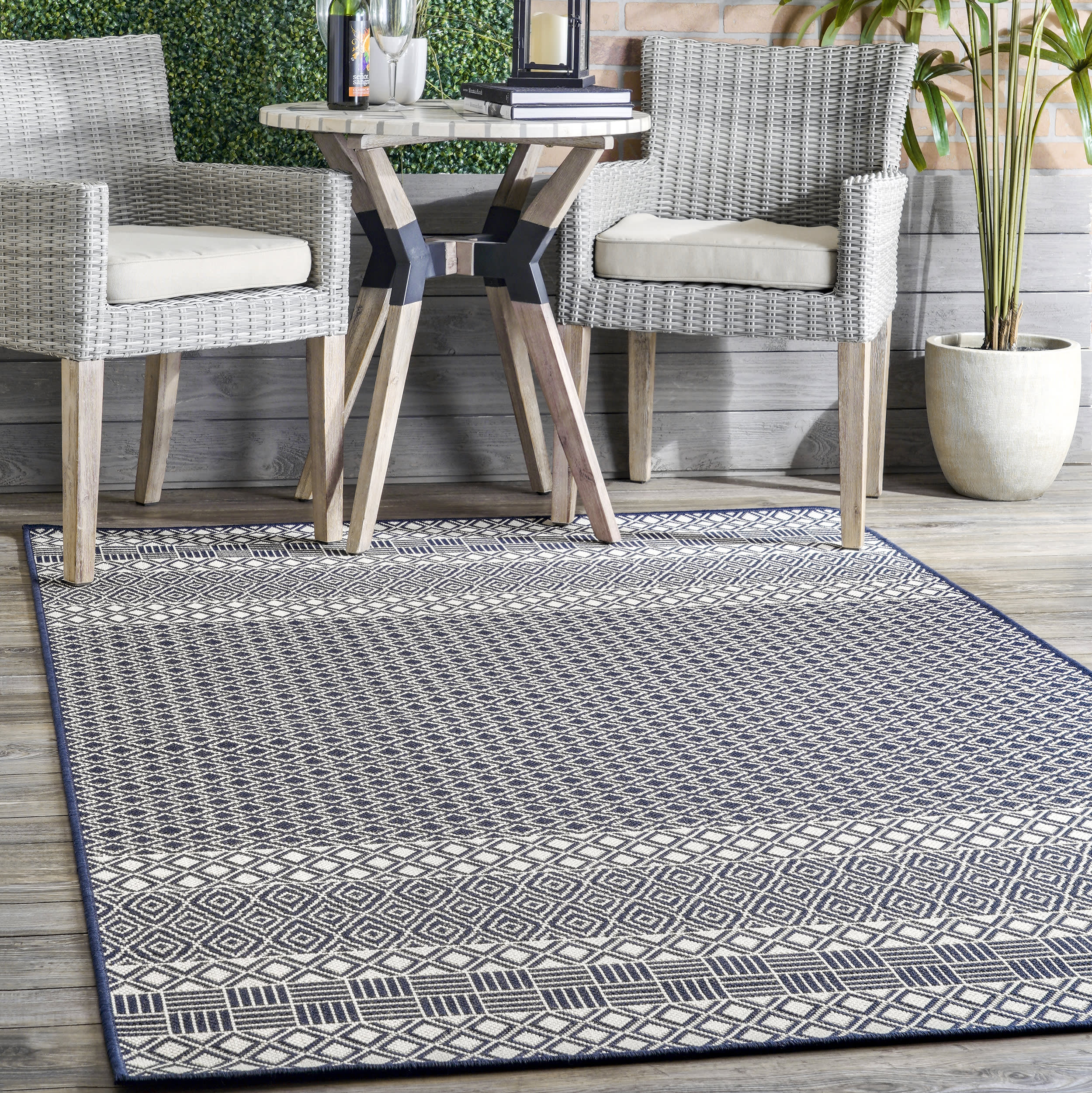 Striped Lattice Indoor/Outdoor Rug | Blue - Image 2