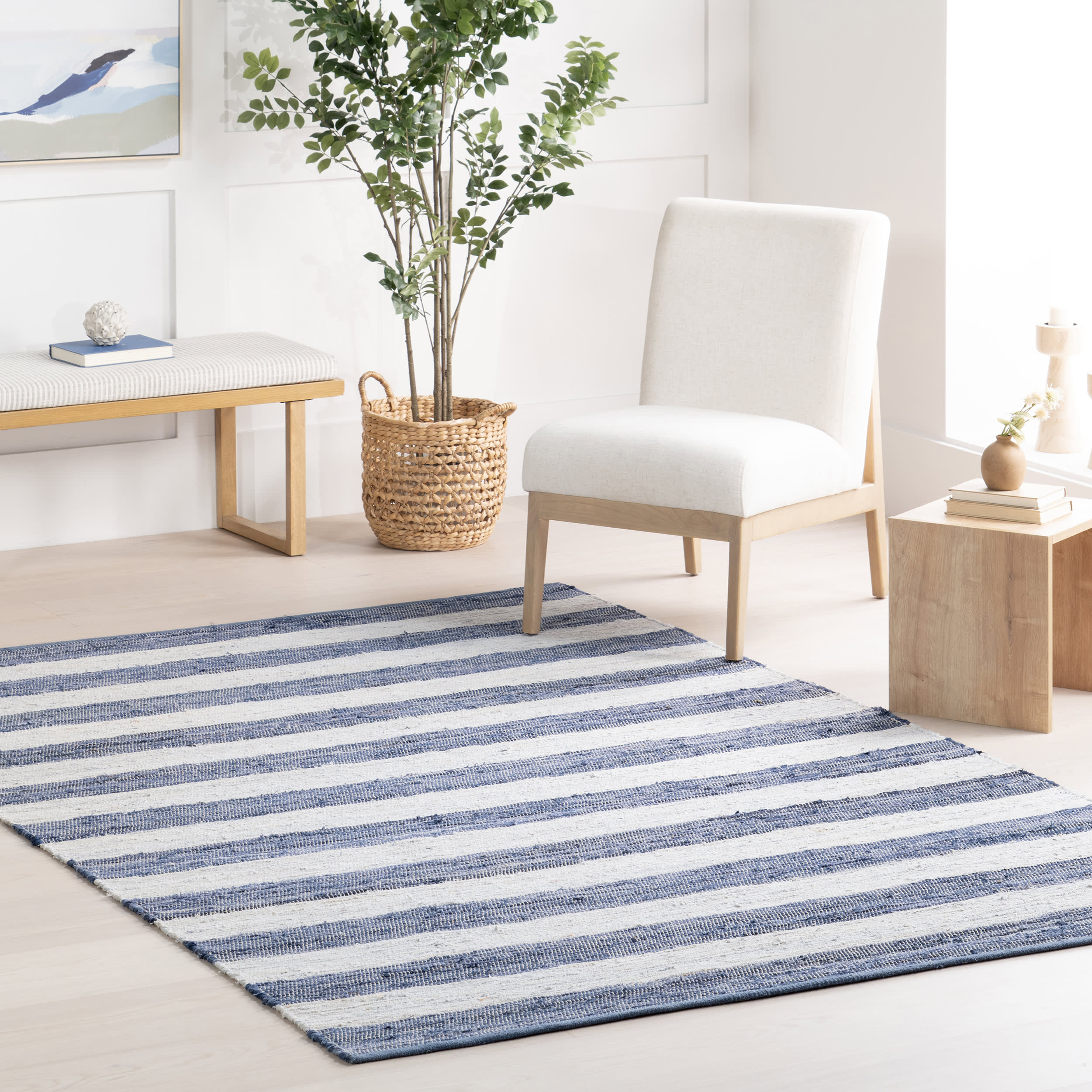 Striped Rag Handwoven Cotton Rug | Blue - Image 2