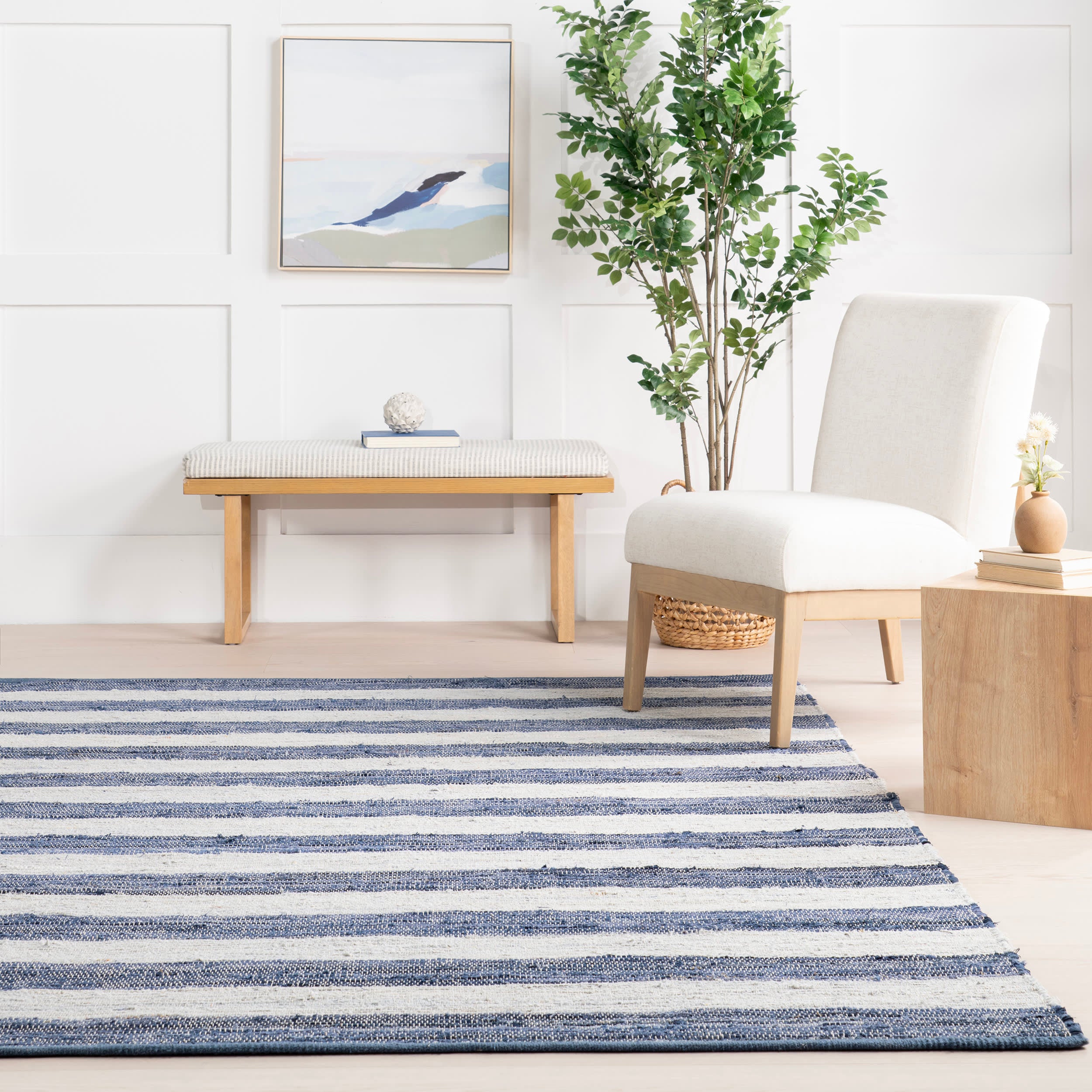 Striped Rag Handwoven Cotton Rug | Blue - Image 4