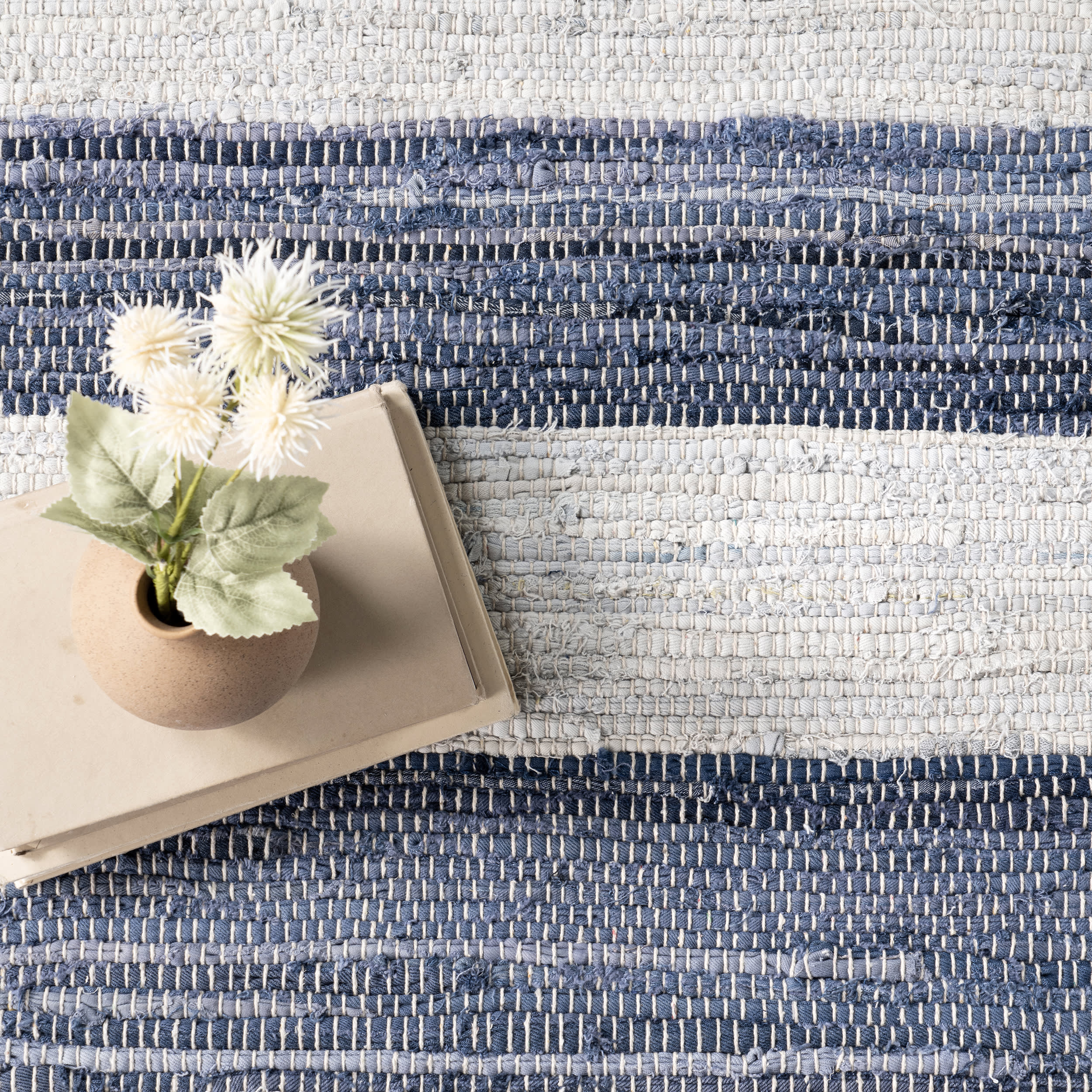 Striped Rag Handwoven Cotton Rug | Blue - Image 7