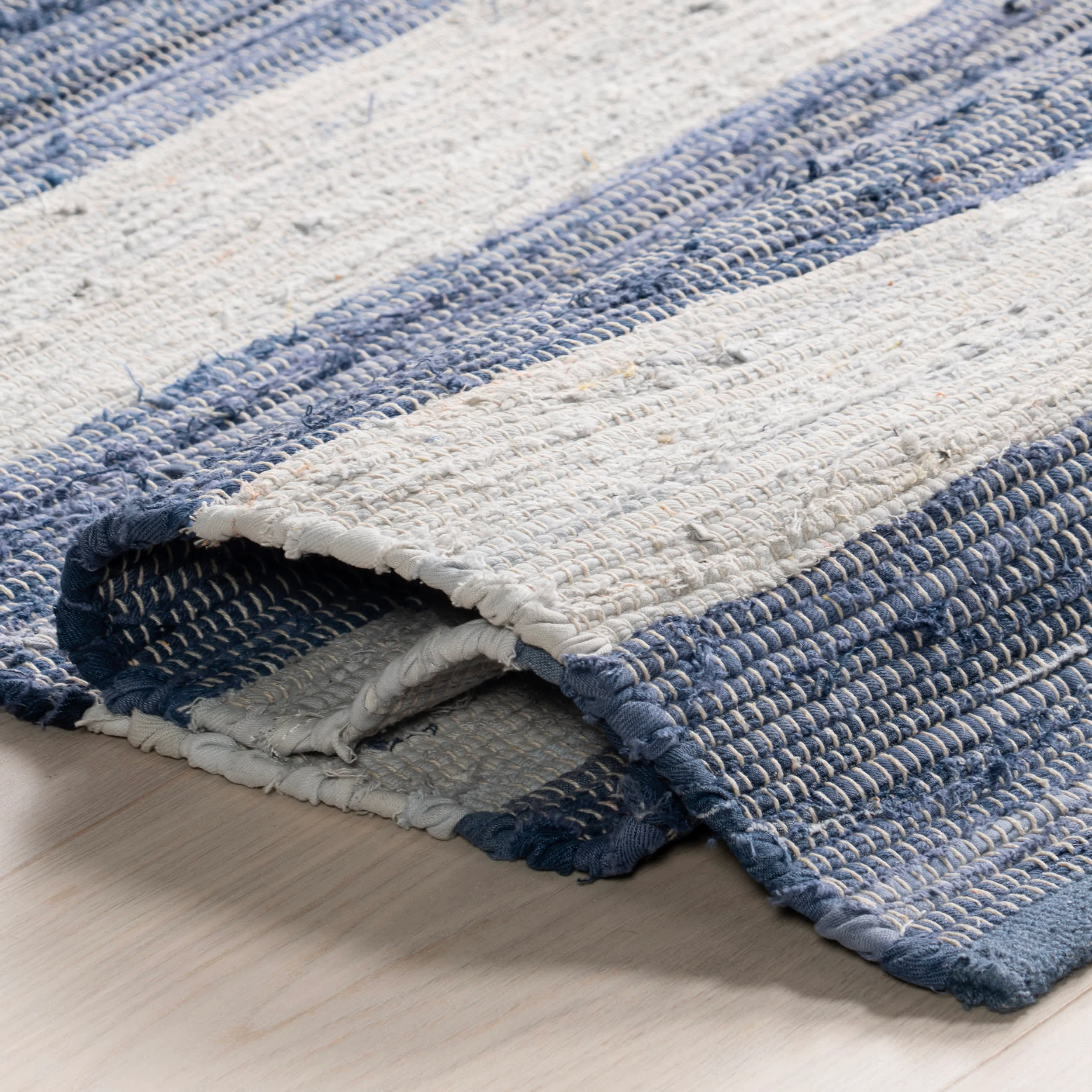 Striped Rag Handwoven Cotton Rug | Blue - Image 8