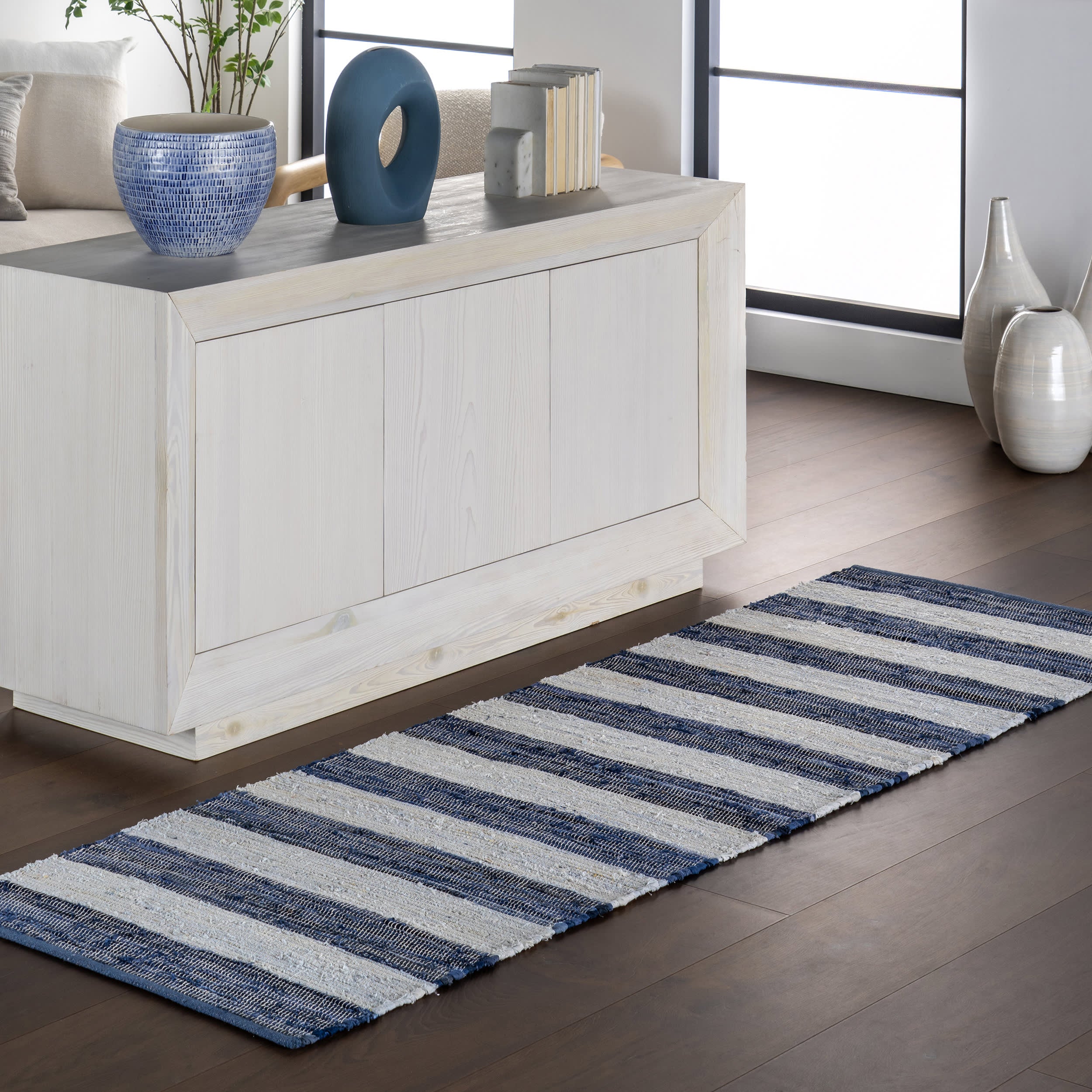 Striped Rag Handwoven Cotton Rug | Blue - Image 2
