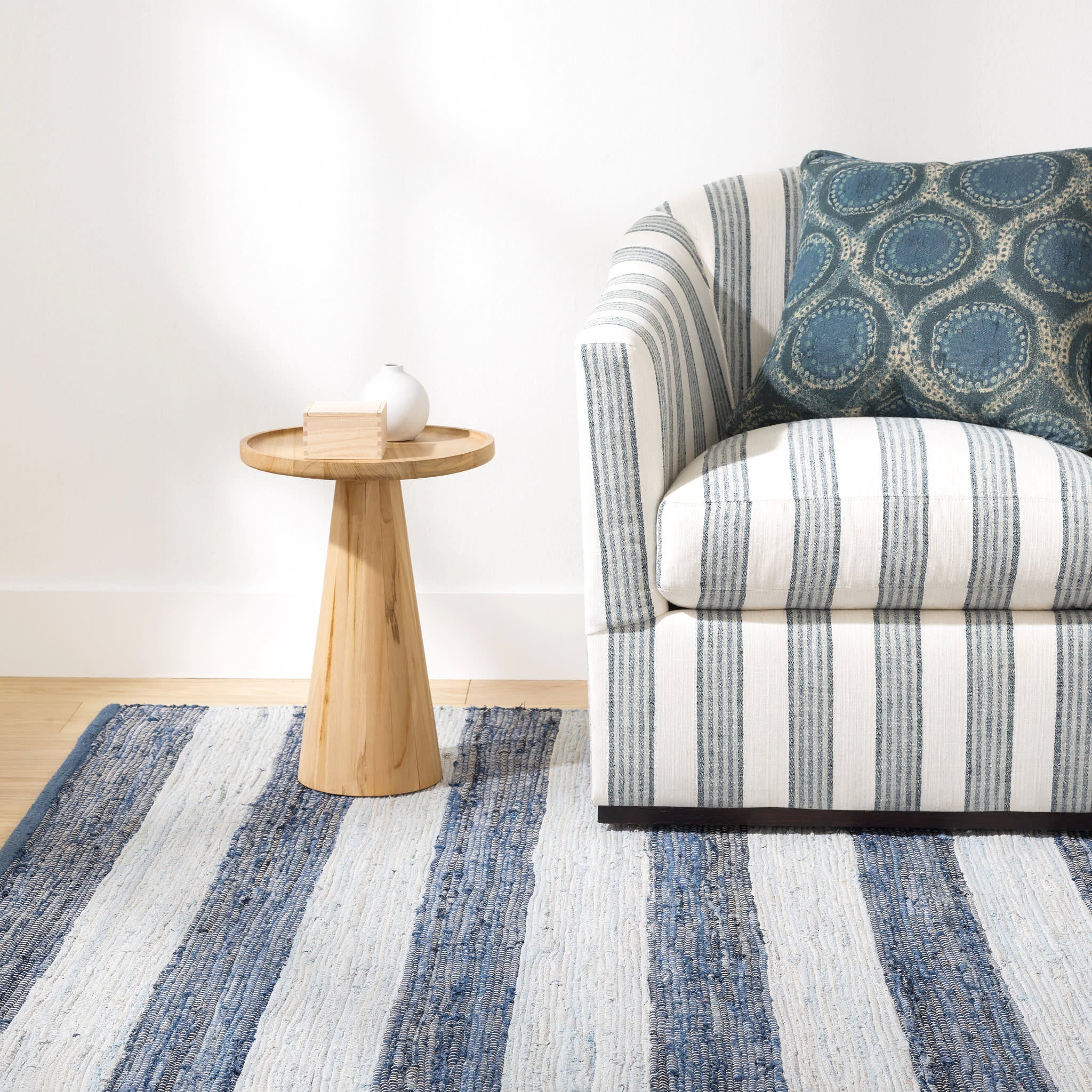 Striped Rag Handwoven Cotton Rug | Denim - Image 2