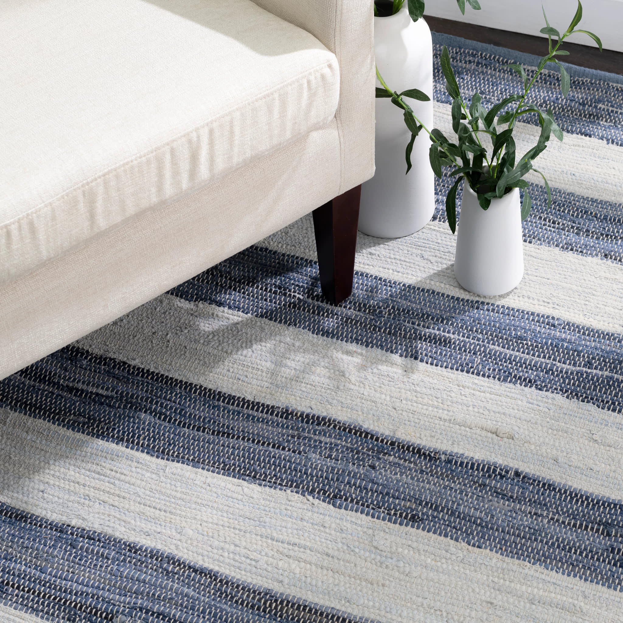 Striped Rag Handwoven Cotton Rug | Denim - Image 3