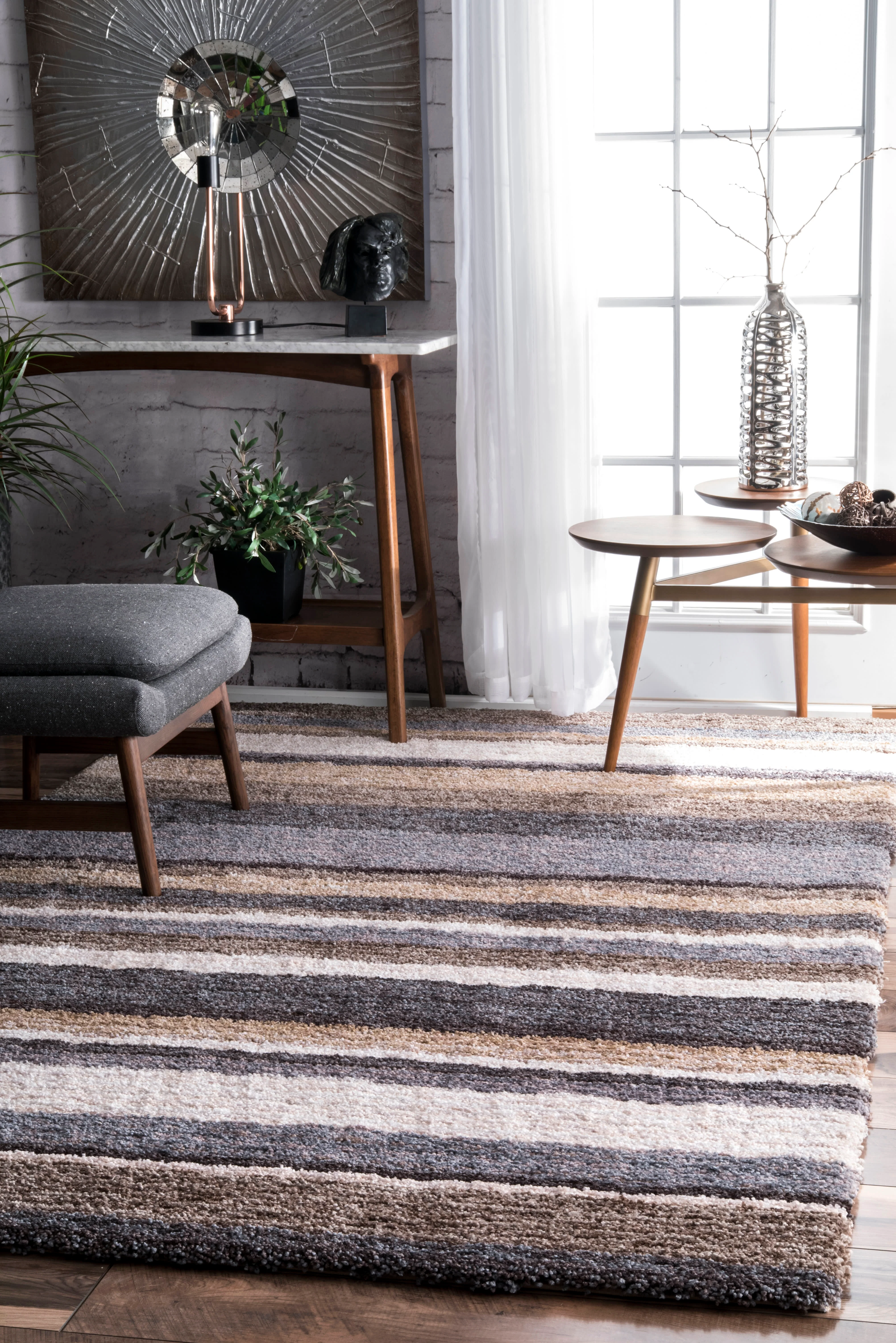 Striped Shaggy Rug | Beige Multicolor - Image 2