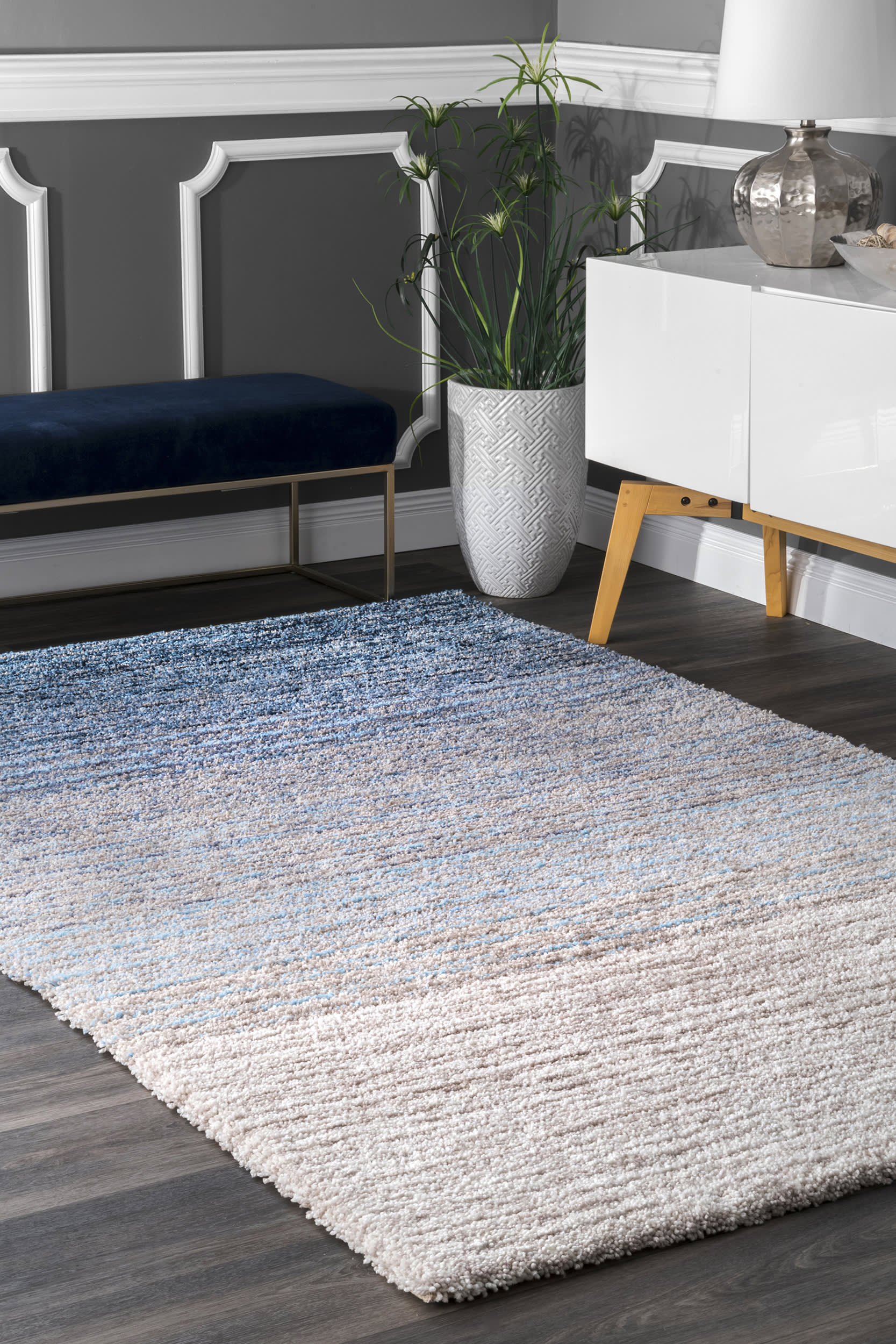 Striped Shaggy Rug | Blue - Image 2