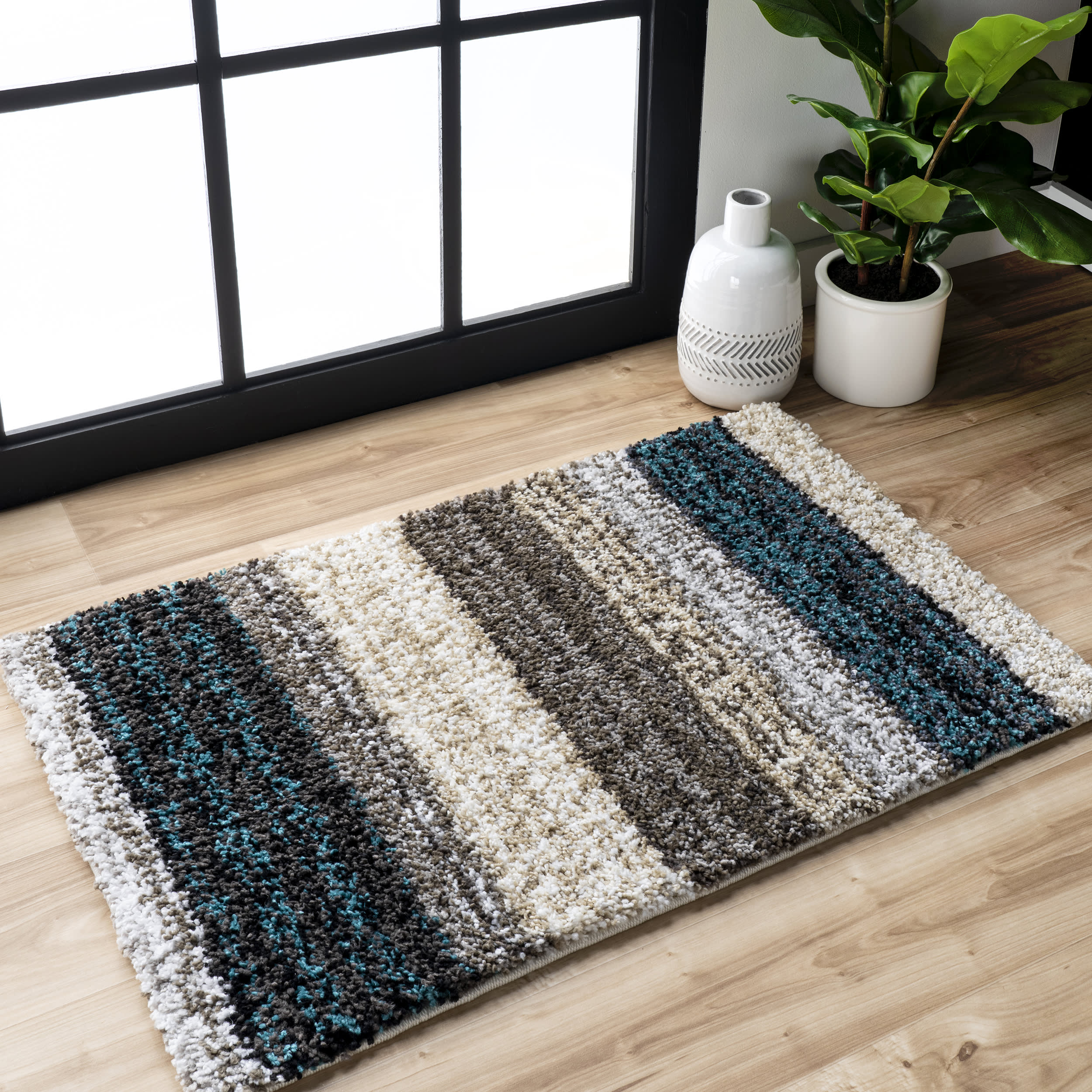 Striped Shaggy Rug | Blue Multicolor - Image 9