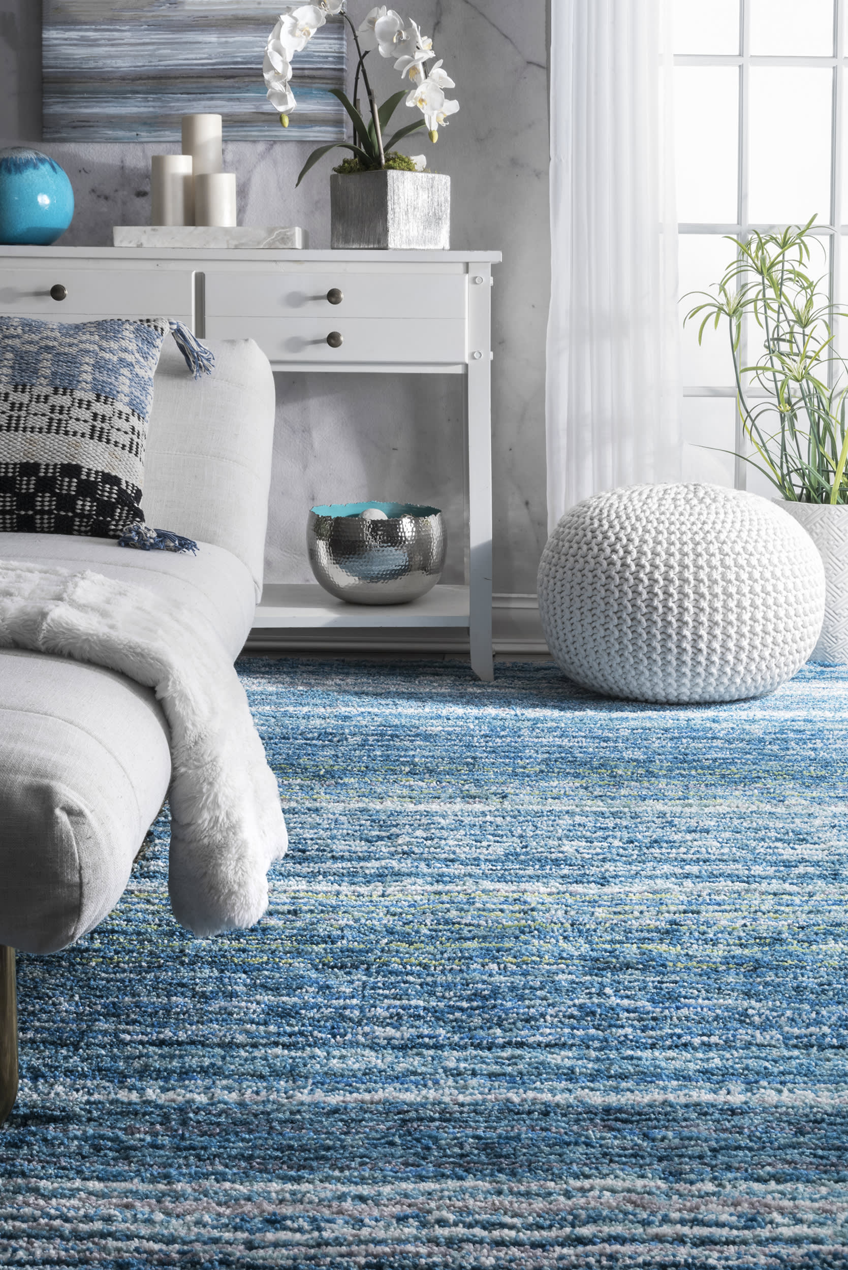 Striped Shaggy Rug | Sky Blue - Image 4