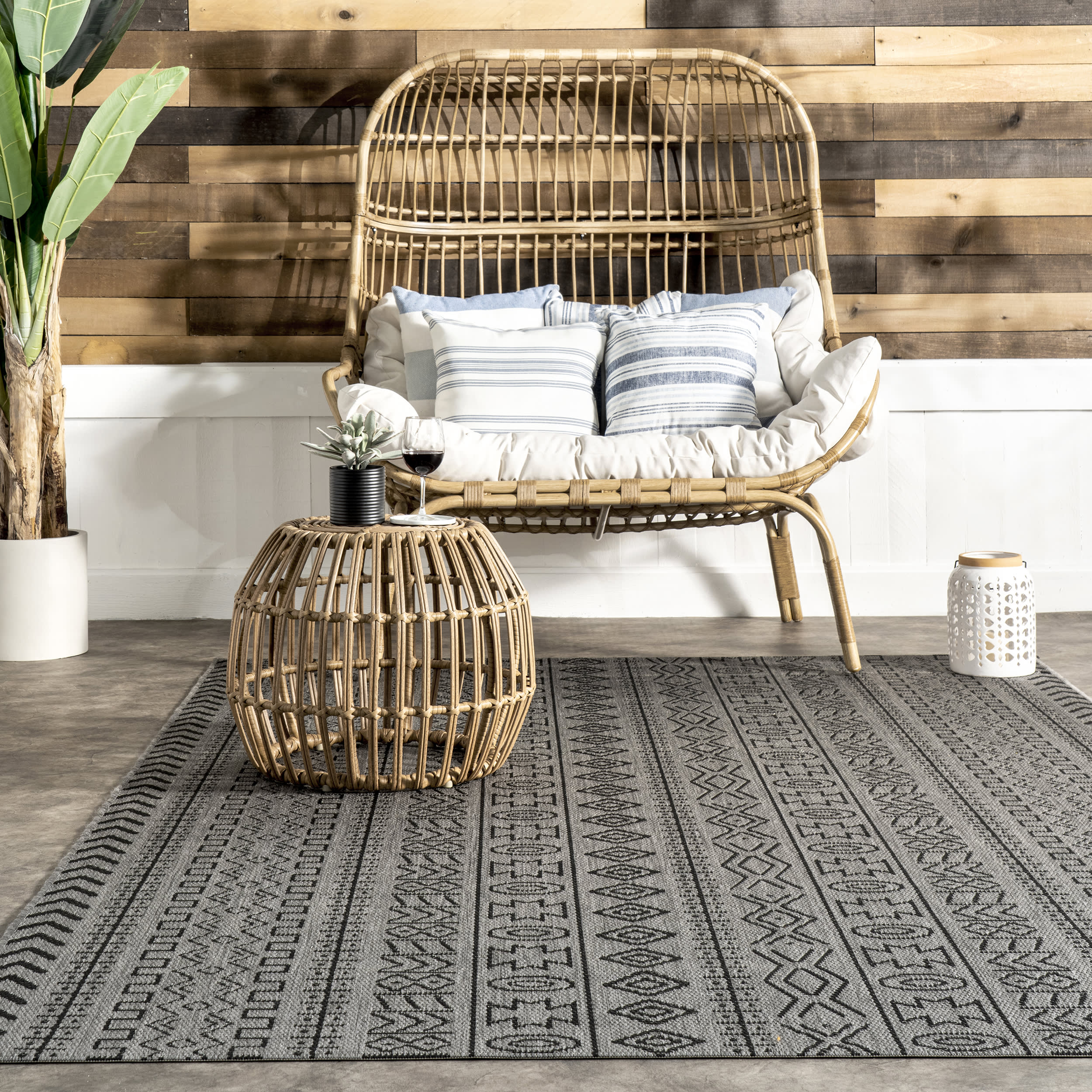 Striped Tribal Indoor/Outdoor Rug | Grey - Image 4