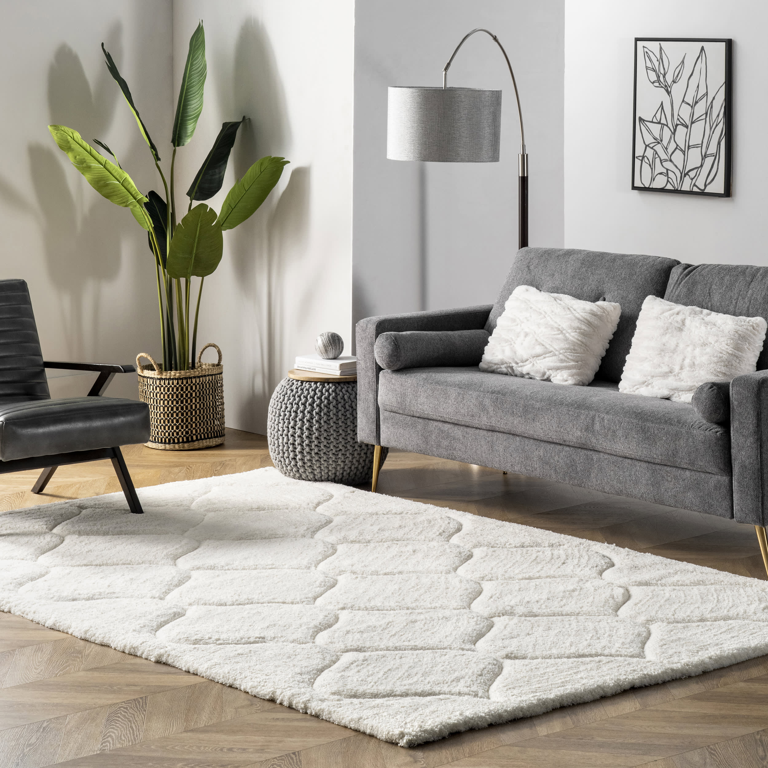 Super Soft Luxury Shag with Carved Trellis Rug | White - Image 2