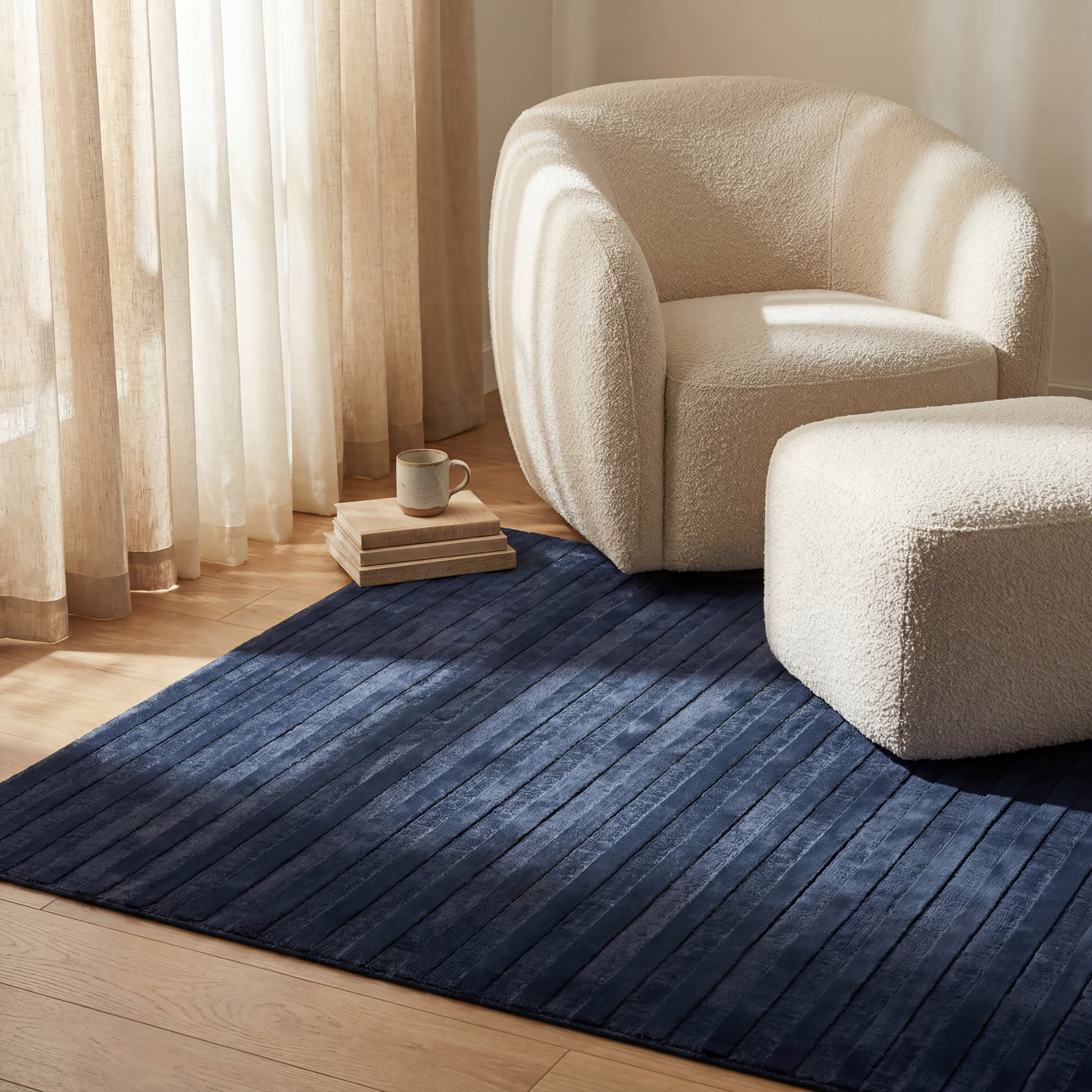 Syra Striped Plush Textured Washable Rug | Blue - Image 5