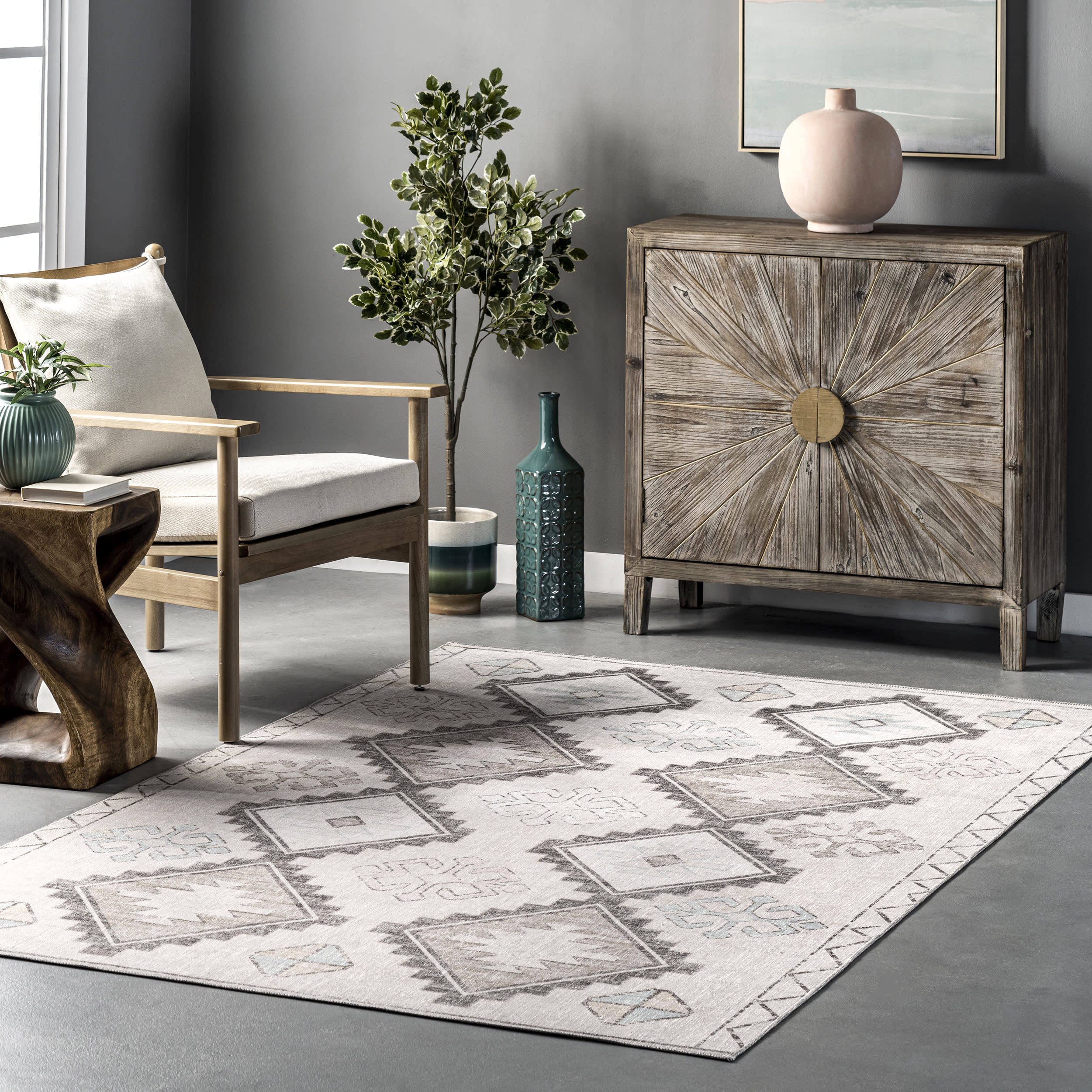 Tara Washable Diamond Rug | Khaki - Image 2