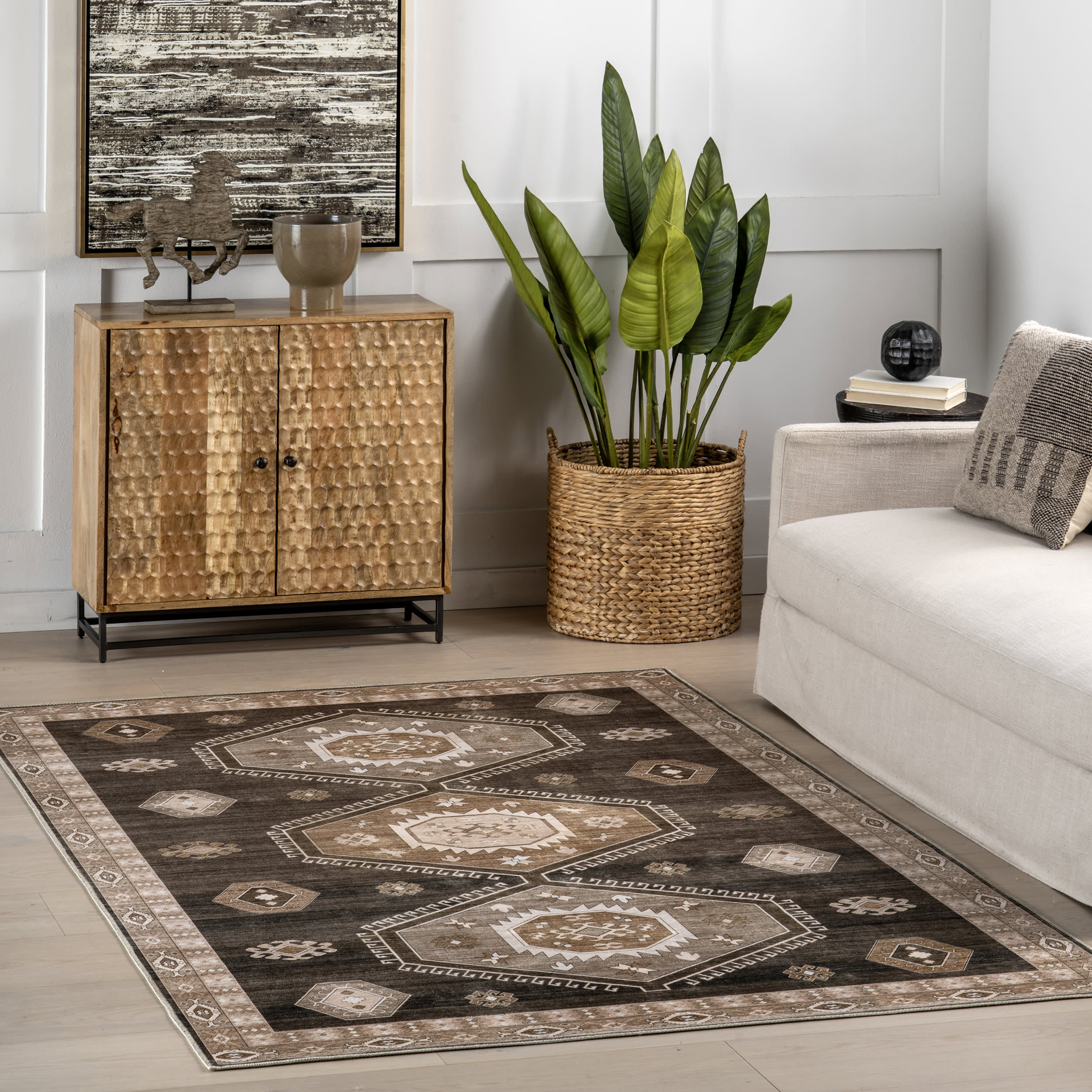 Taro Medallion Spill Proof Washable Rug | Dark Brown - Image 2