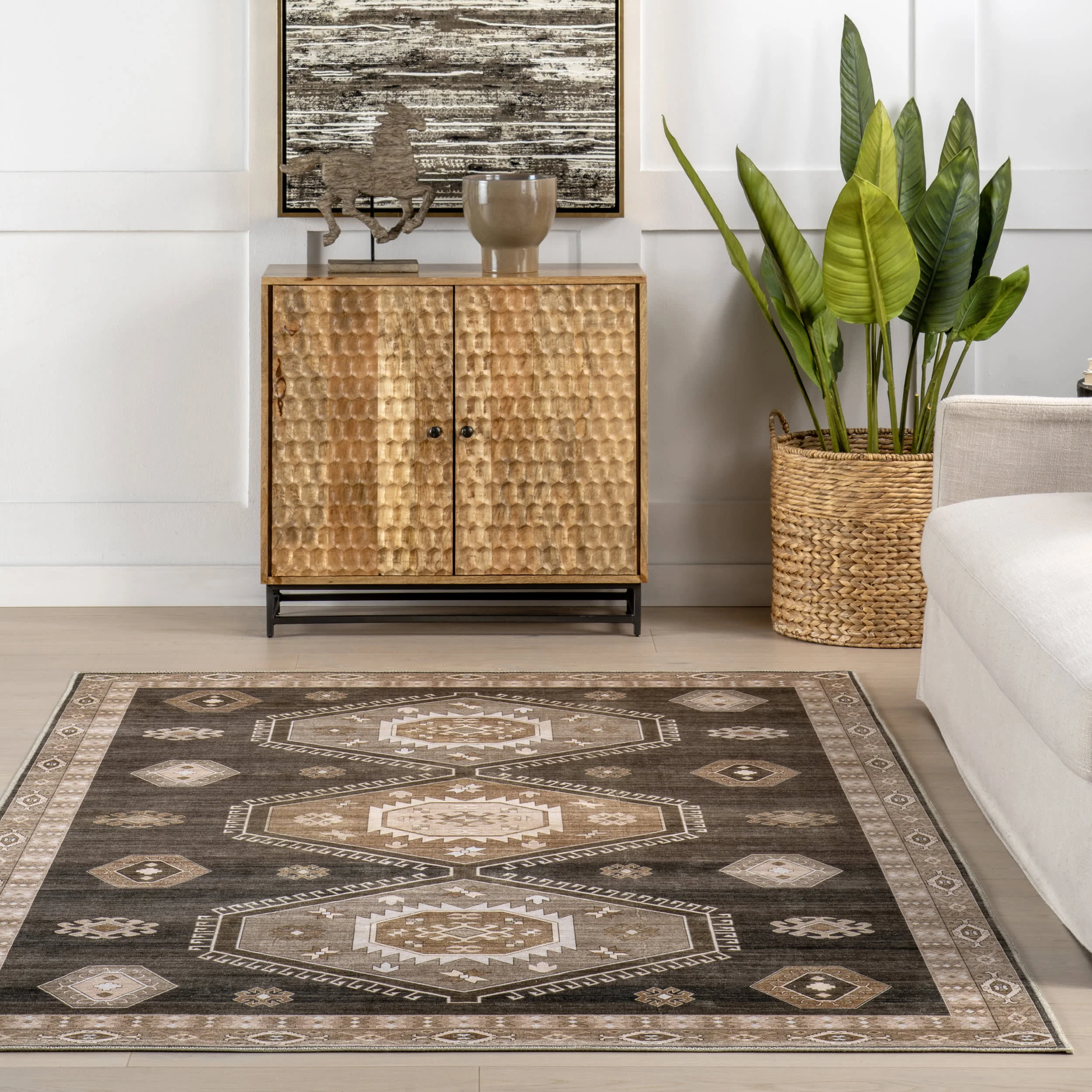 Taro Medallion Spill Proof Washable Rug | Dark Brown - Image 5