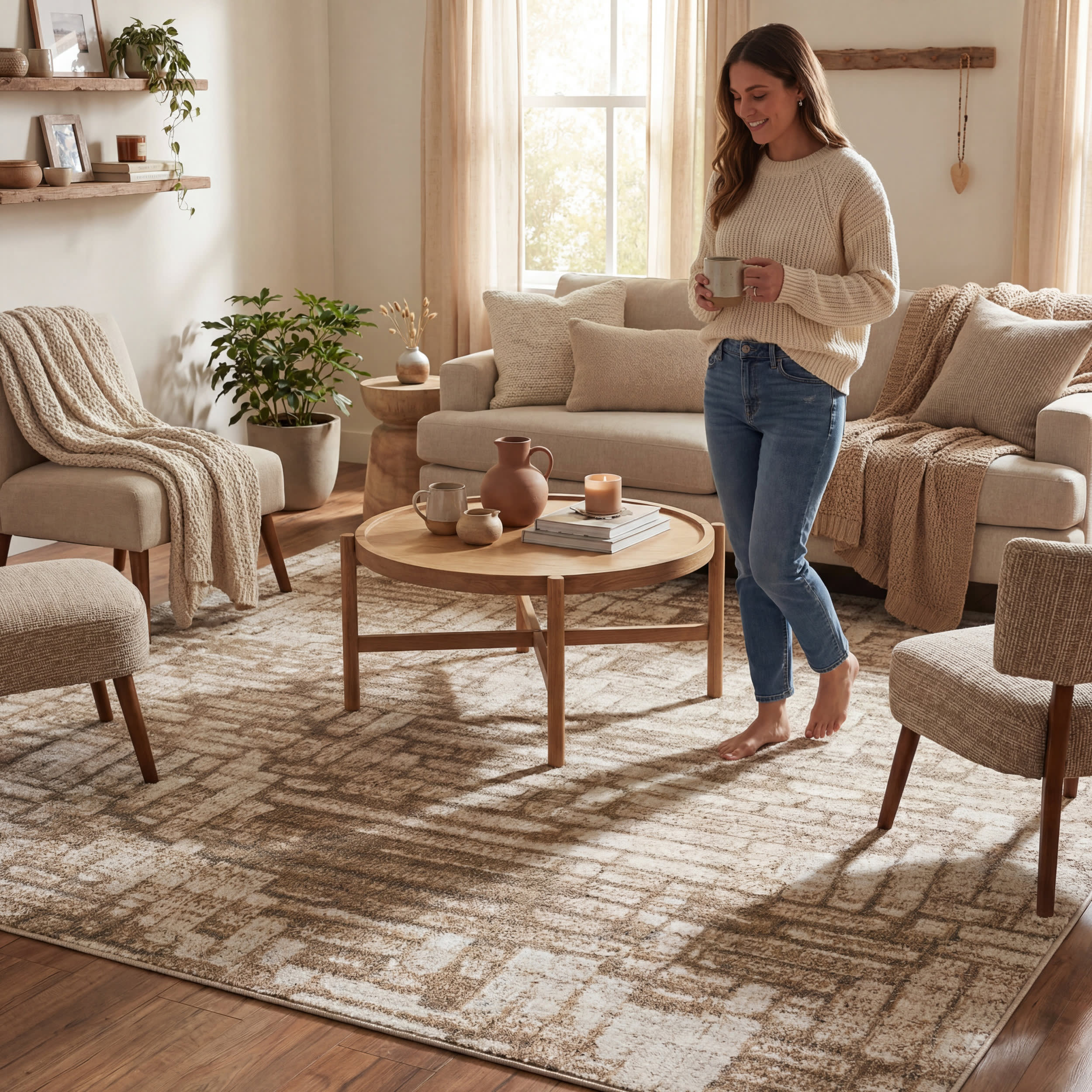 Terras Rustic Abstract Washable Rug | Tan - Image 9