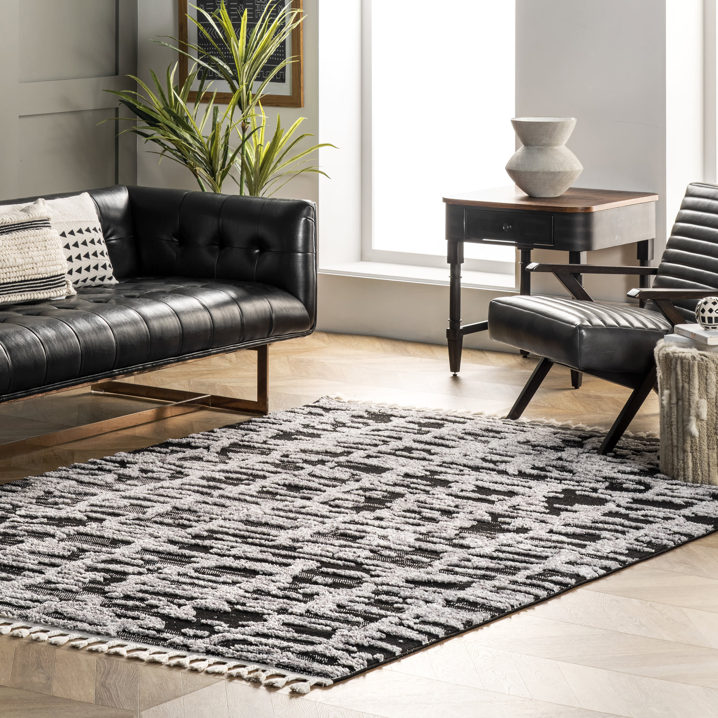 Textured Abstract Tasseled Rug | Light Grey - Image 2