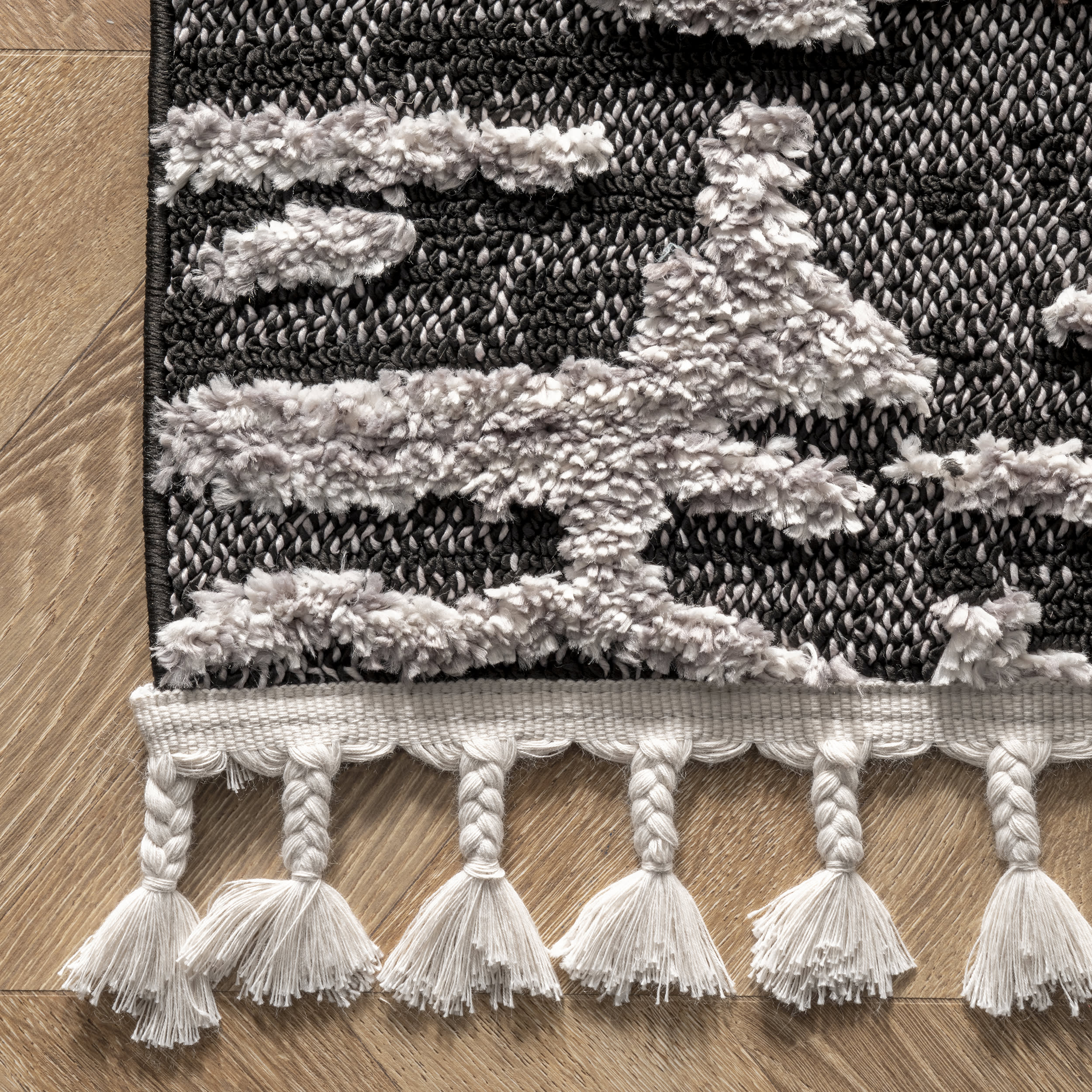 Textured Abstract Tasseled Rug | Light Grey - Image 3