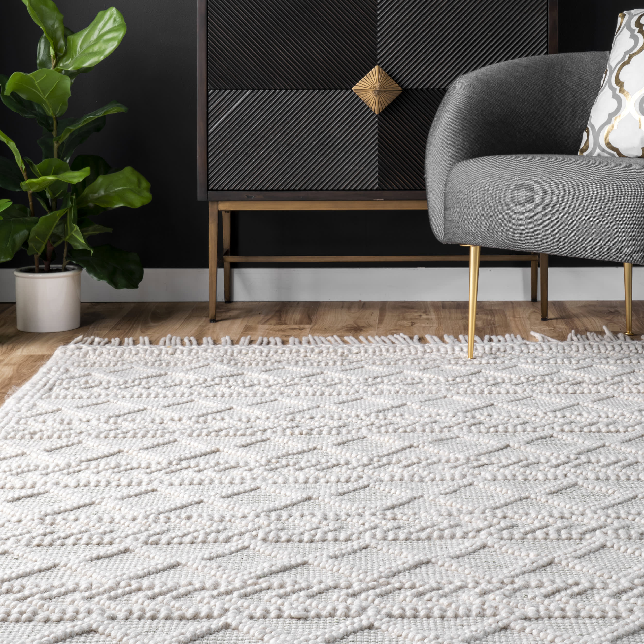 Textured Achromatia With Tassels Rug | Cream - Image 4
