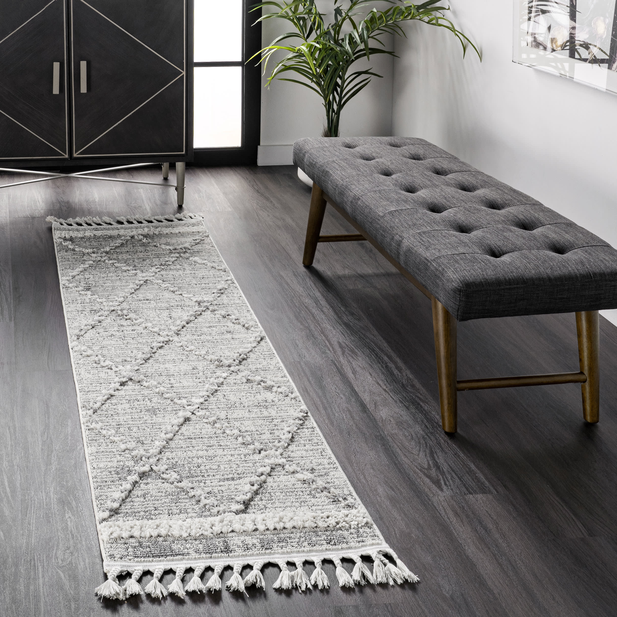 Textured Cable Trellis Tassel Rug | Grey - Image 2