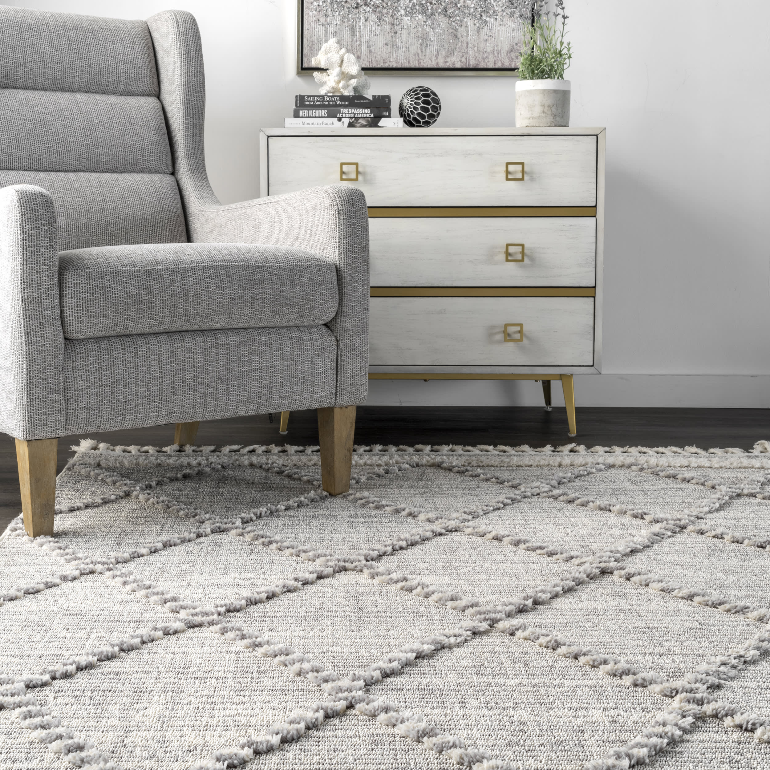 Textured Cable Trellis Tassel Rug | Grey - Image 4