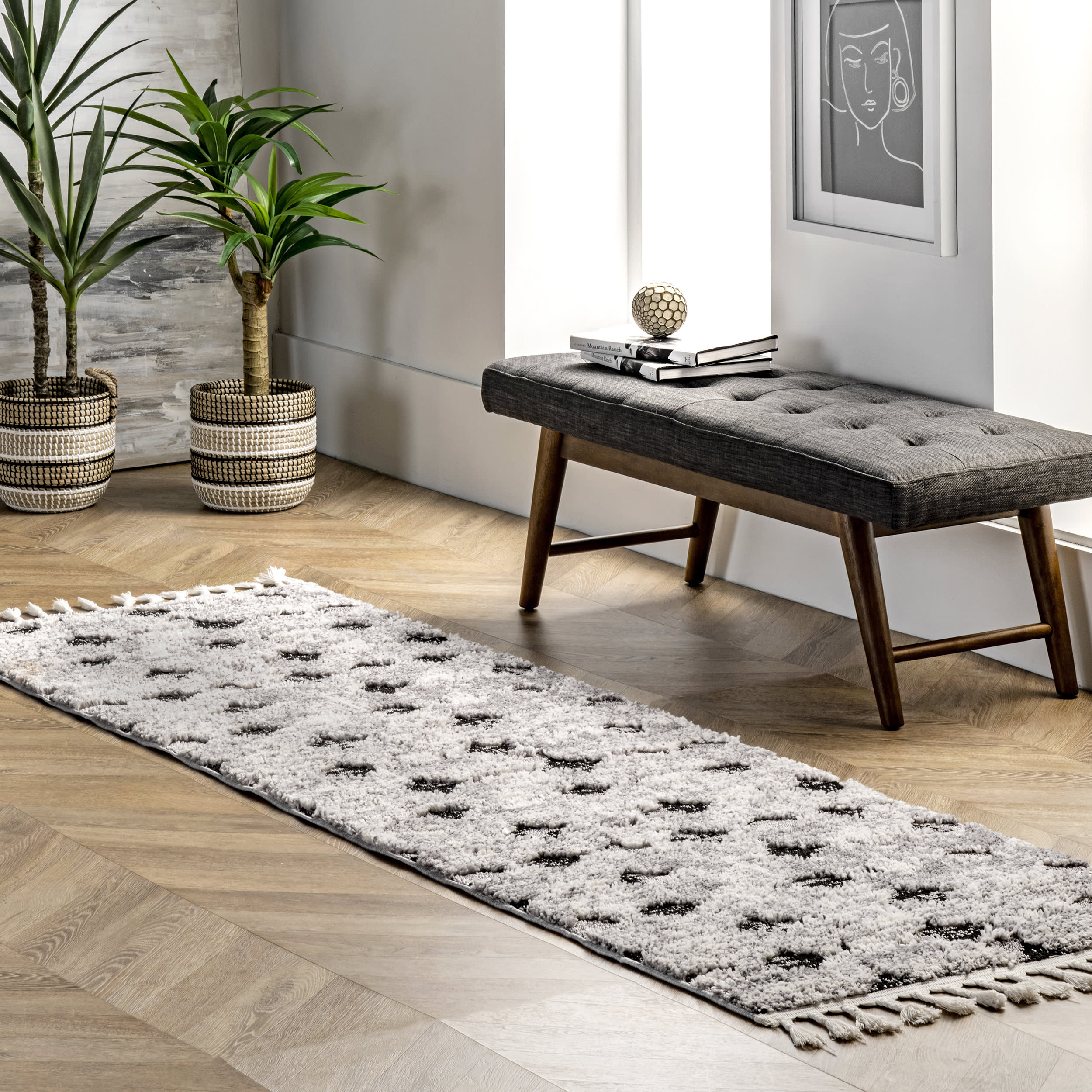 Textured Herringbone Tasseled Rug | Black - Image 2