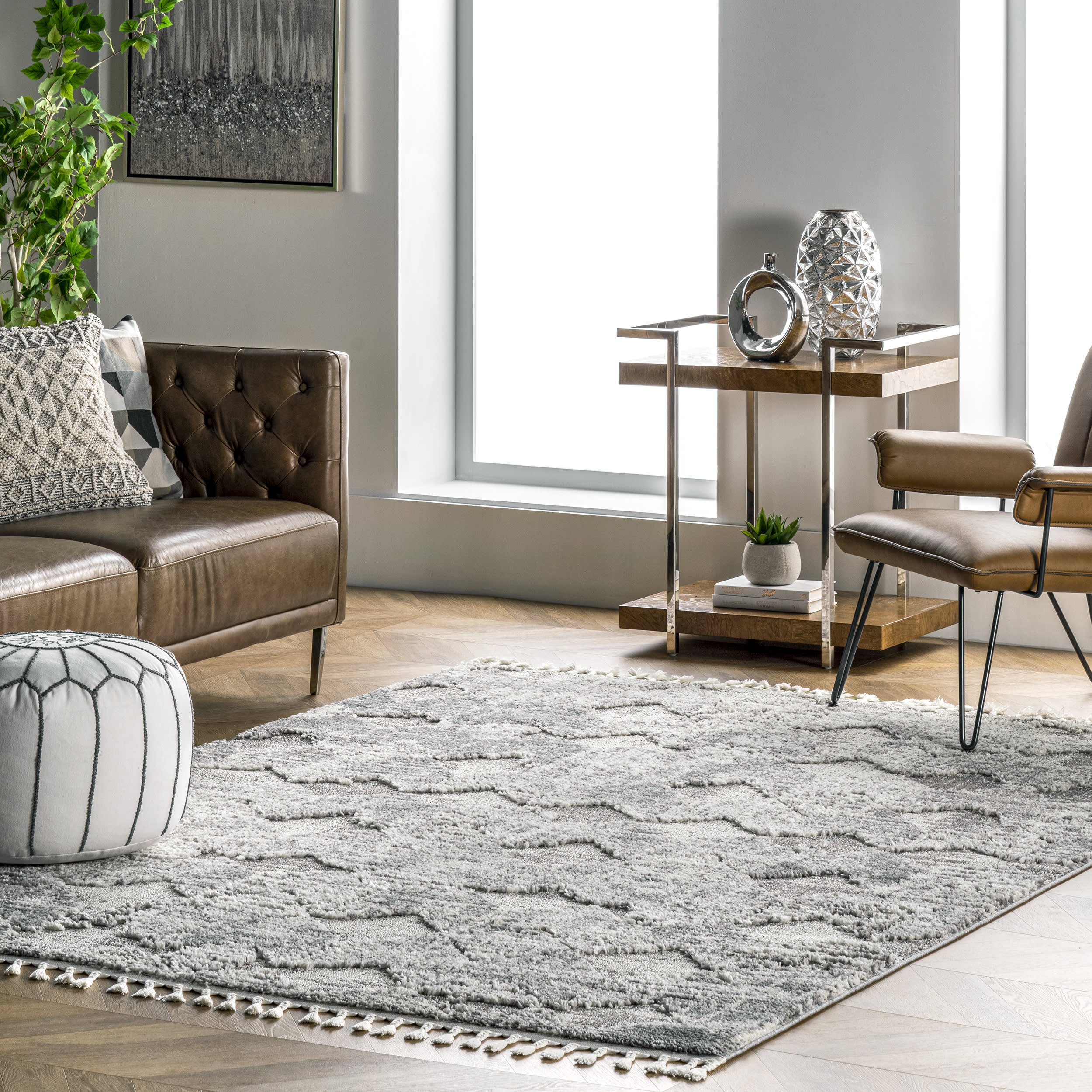 Textured Herringbone Tasseled Rug | Light Grey - Image 2