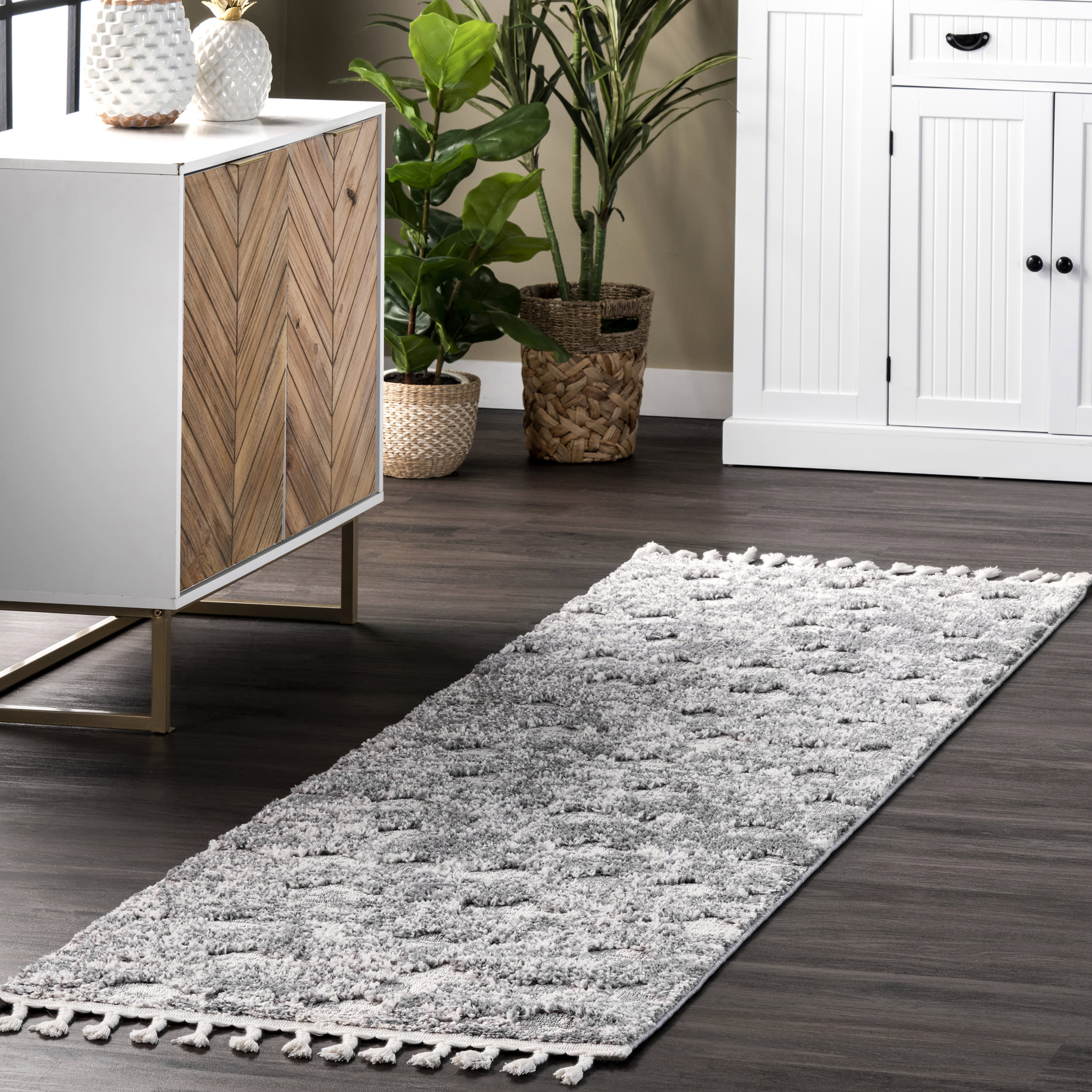 Textured Herringbone Tasseled Rug | Light Grey - Image 2