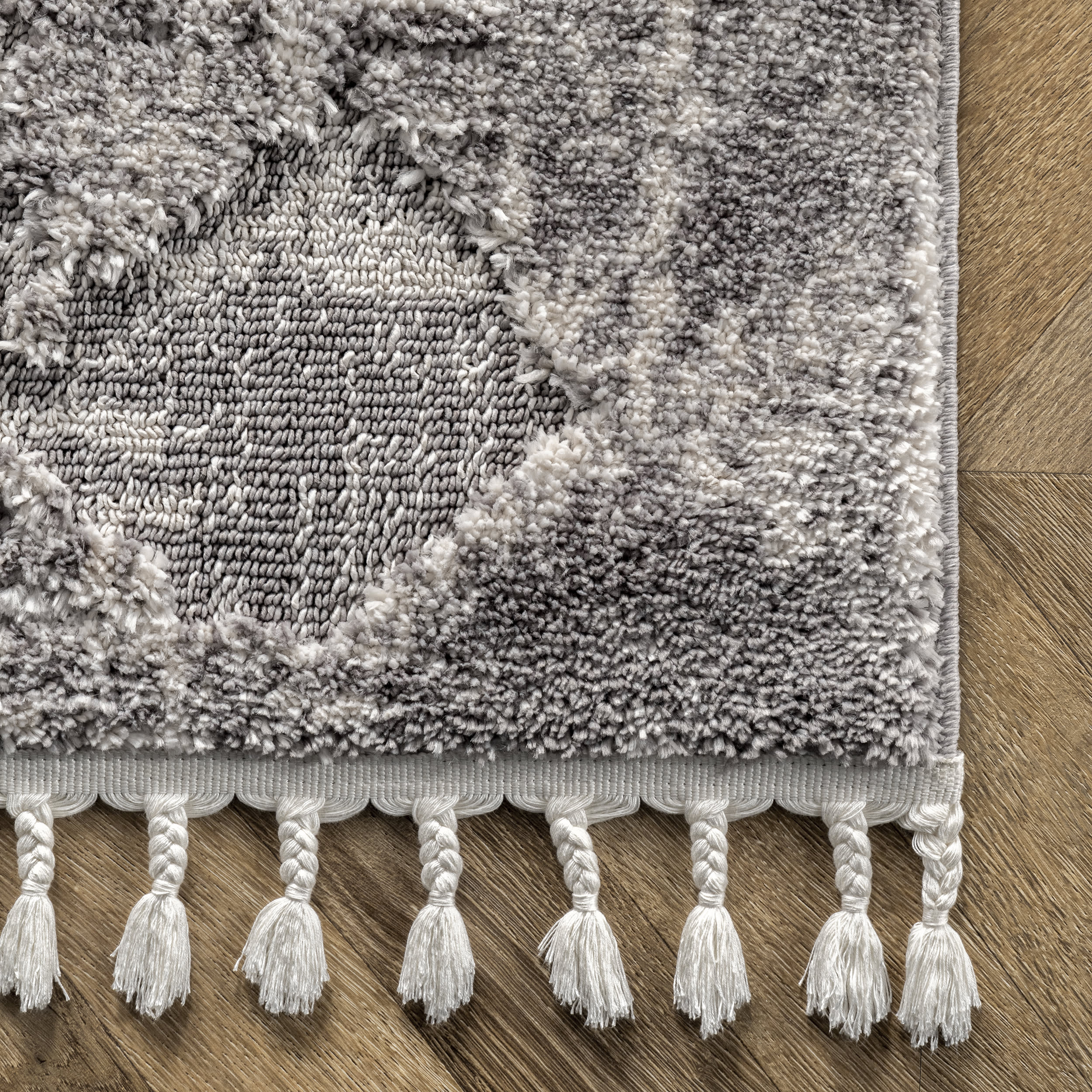 Textured Herringbone Tasseled Rug | Light Grey - Image 3
