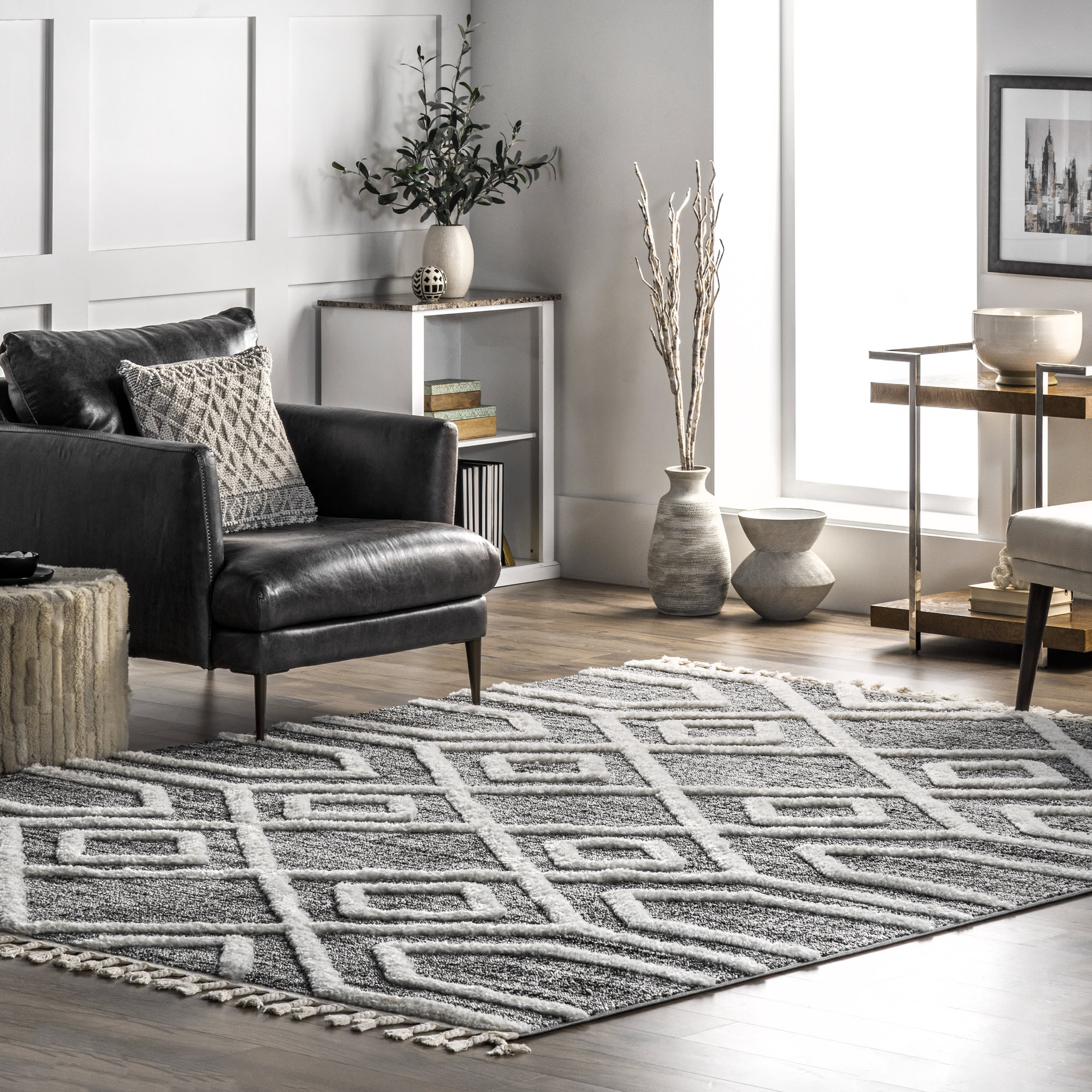 Textured Paneled Lattice Rug | Grey - Image 2