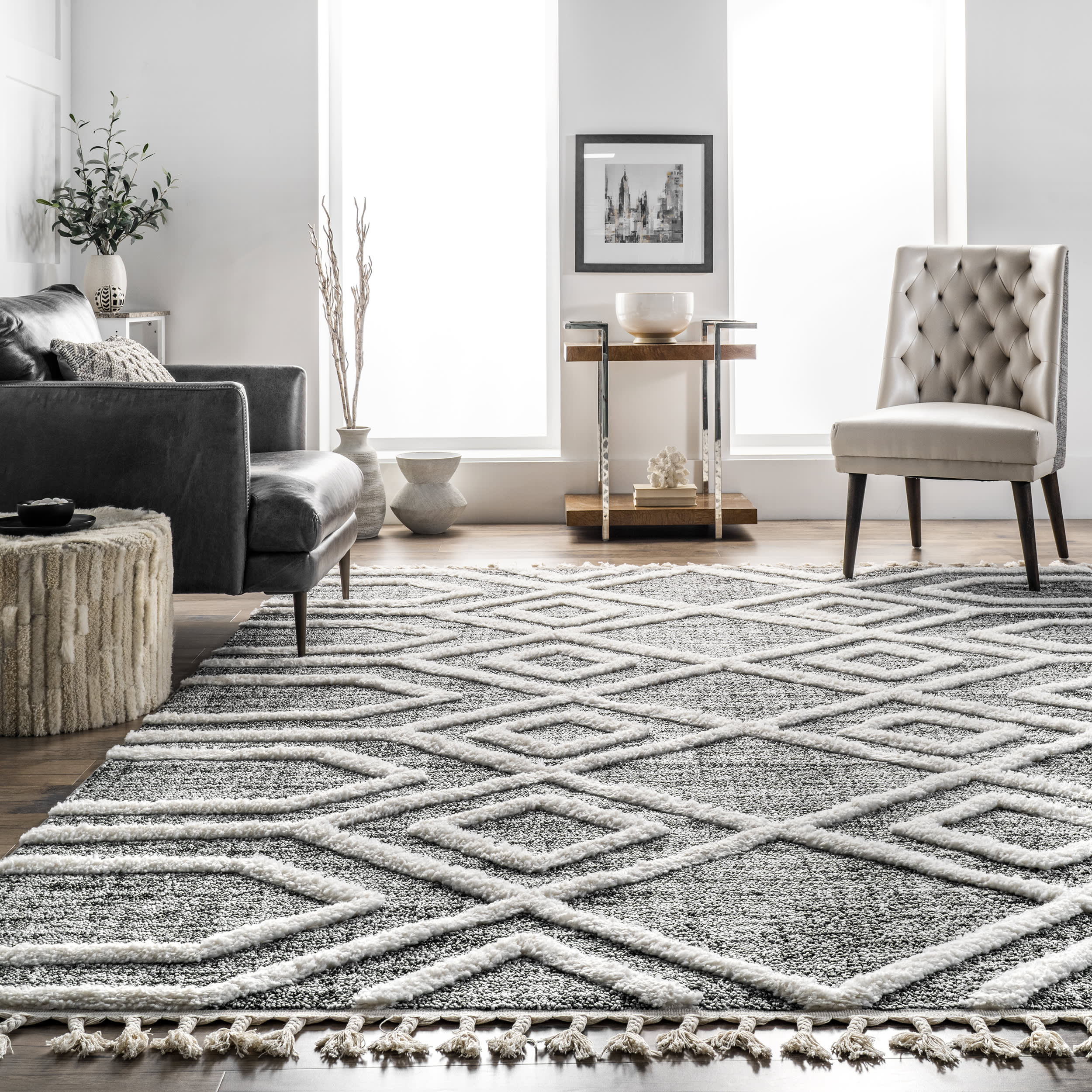 Textured Paneled Lattice Rug | Grey - Image 4