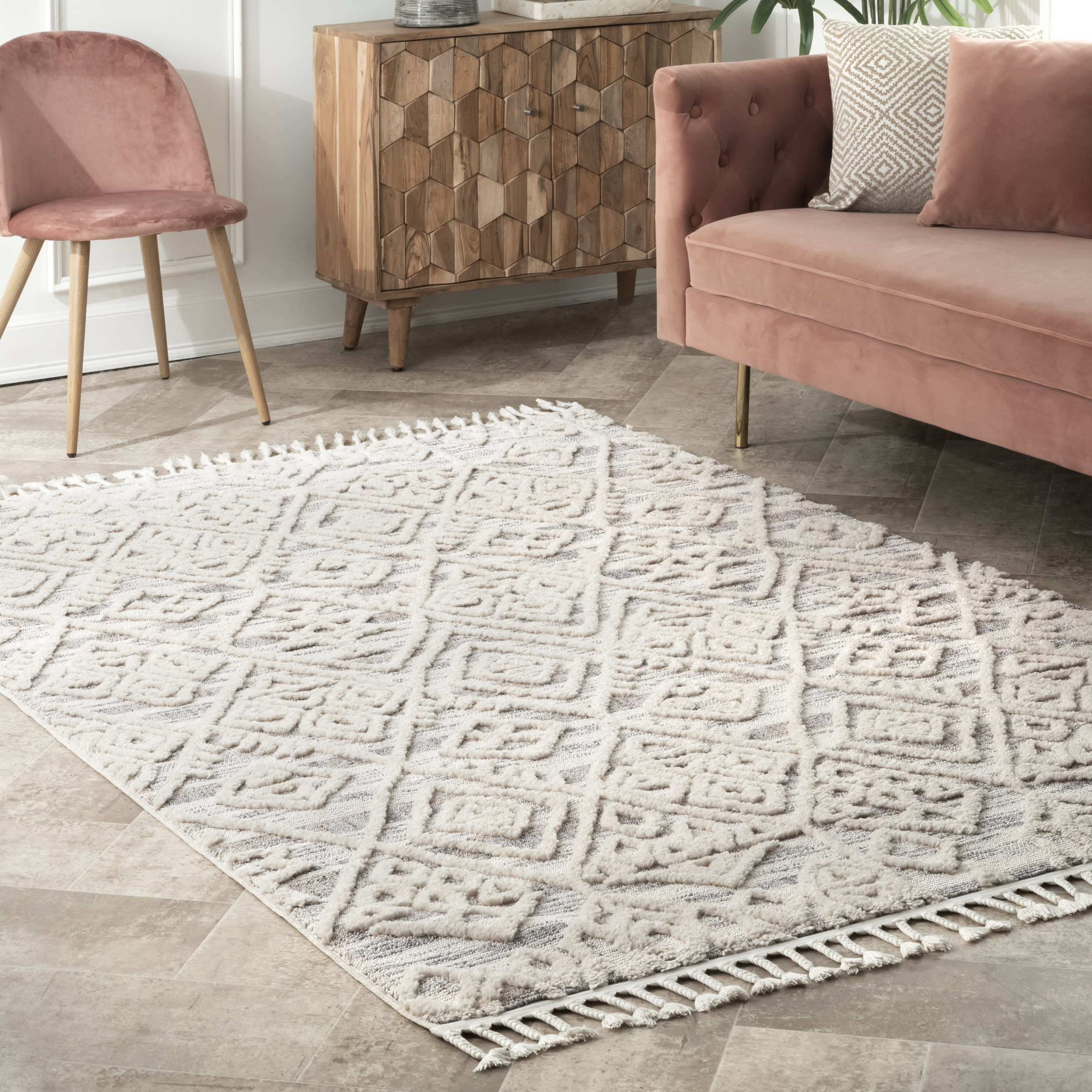 Textured Tasseled Rug | Beige - Image 2