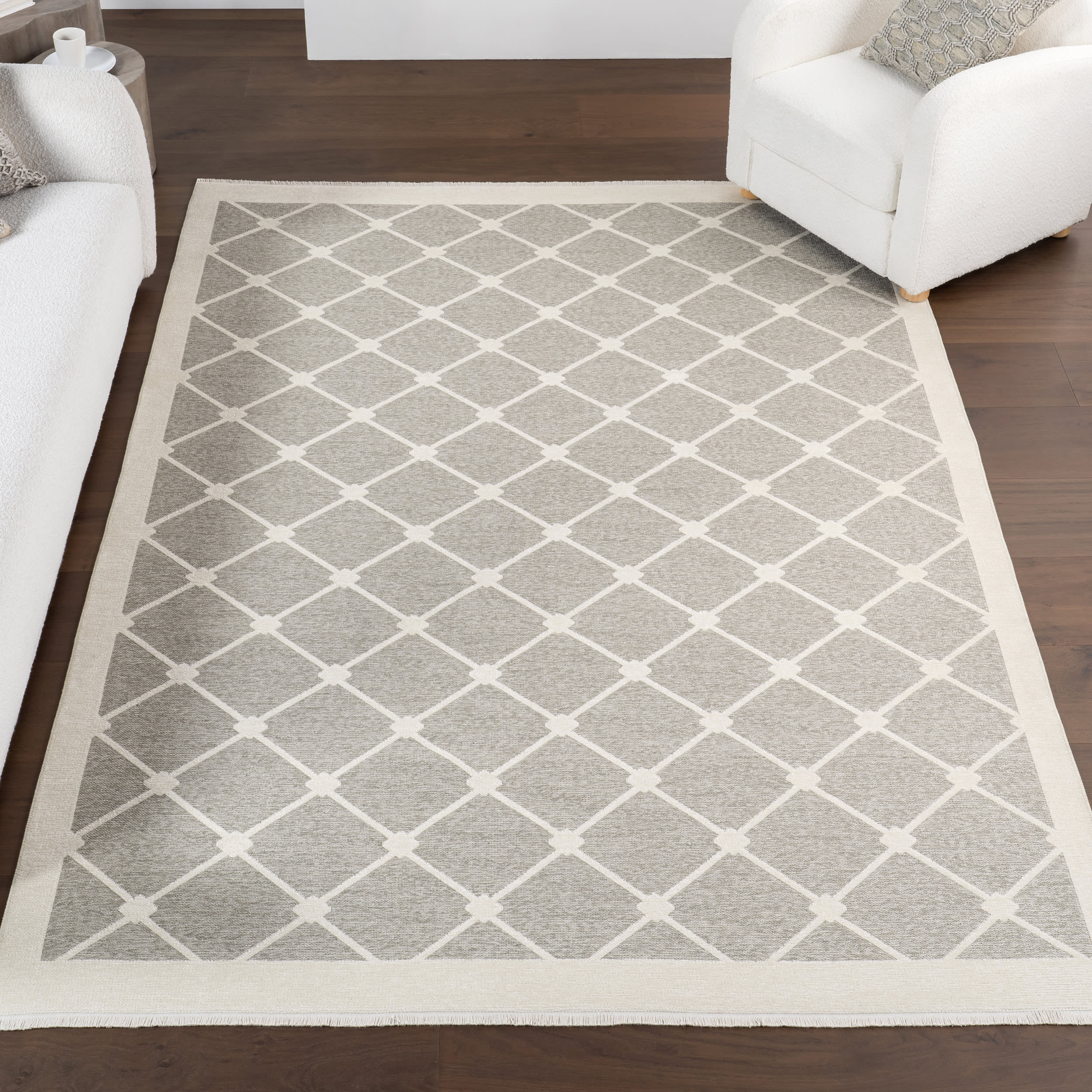 Thelma Lattice Fringed Reversible Washable Rug | Light Grey - Image 10
