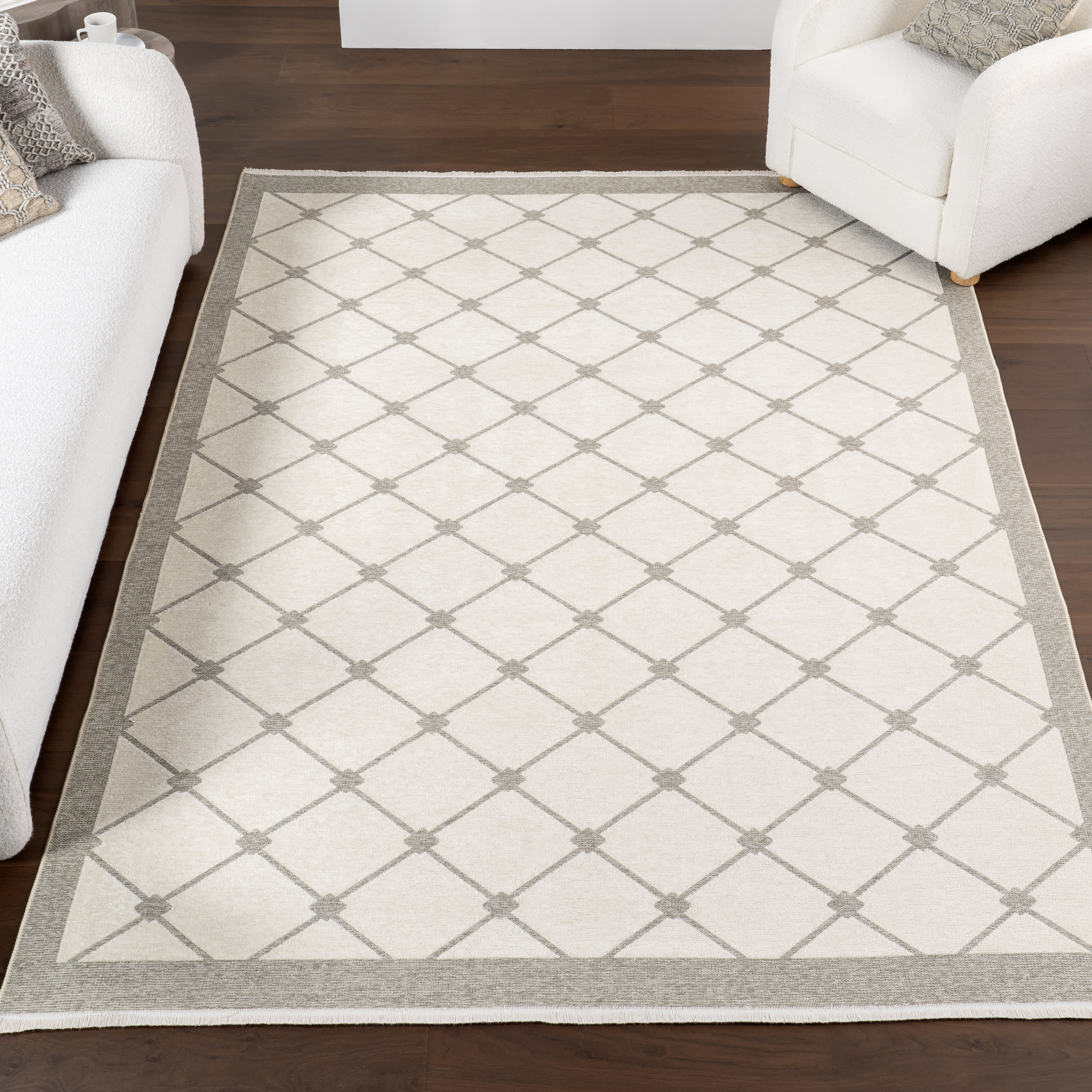 Thelma Lattice Fringed Reversible Washable Rug | Light Grey - Image 2