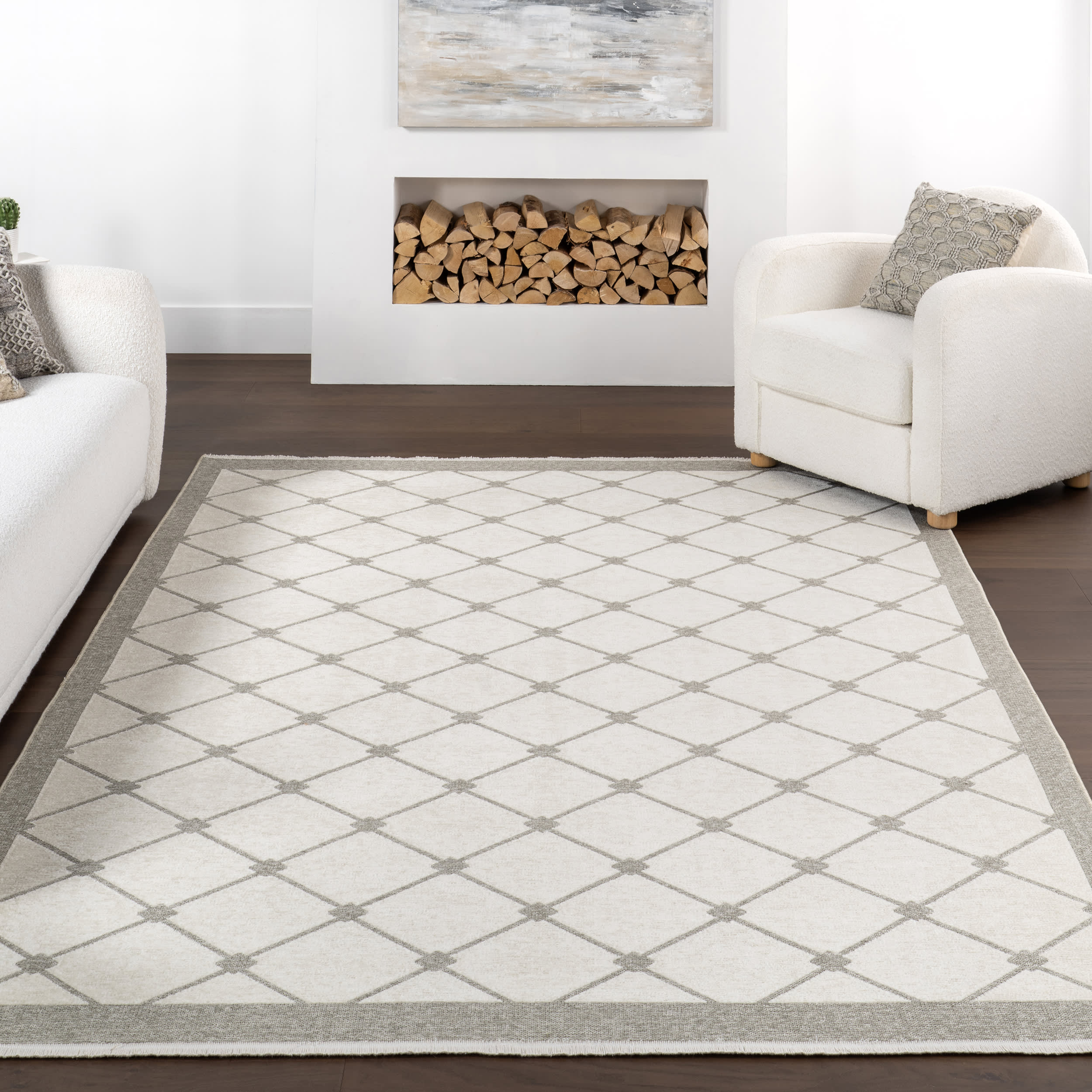 Thelma Lattice Fringed Reversible Washable Rug | Light Grey - Image 6