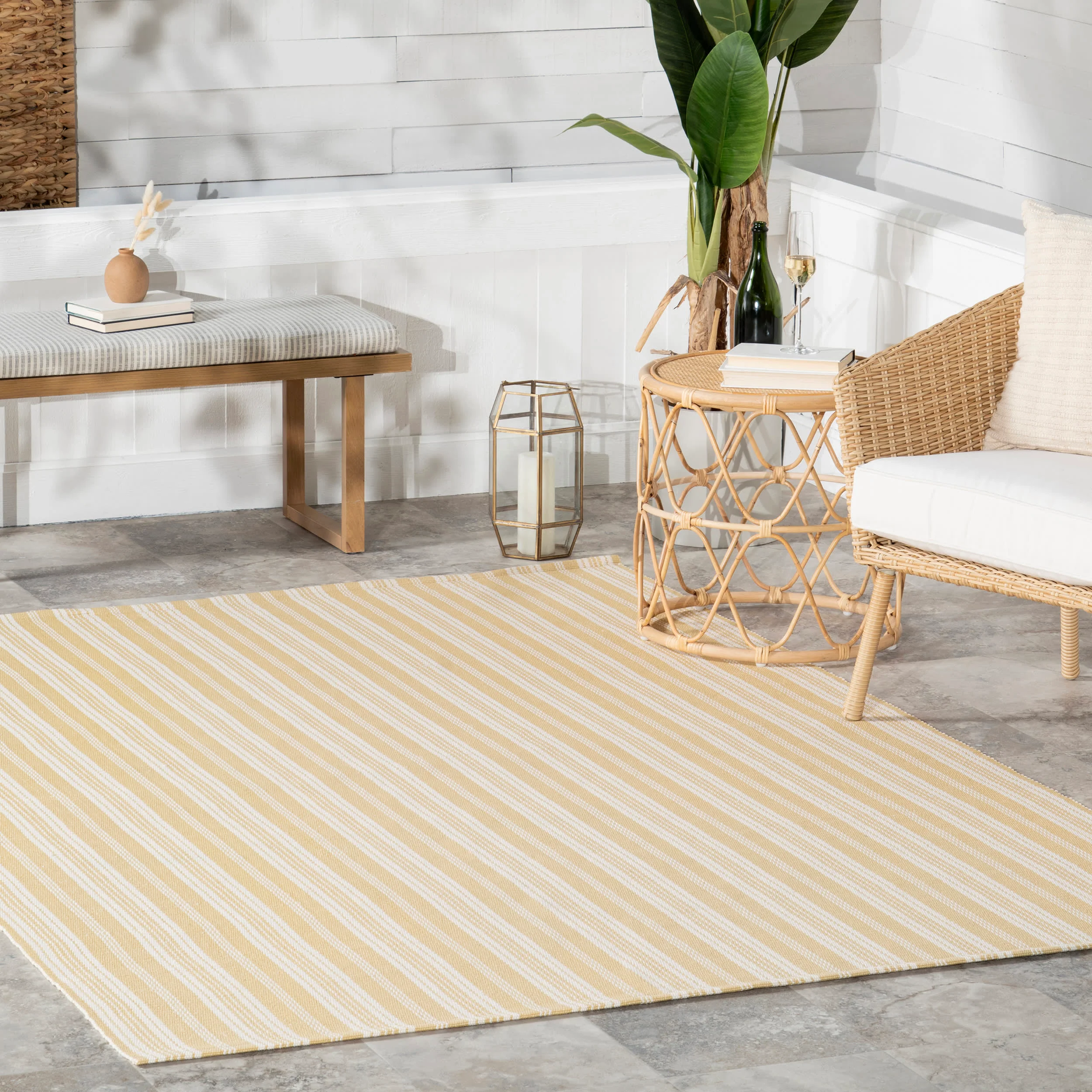 Ticking Stripe Handwoven Indoor/Outdoor Rug | Beige - Image 2