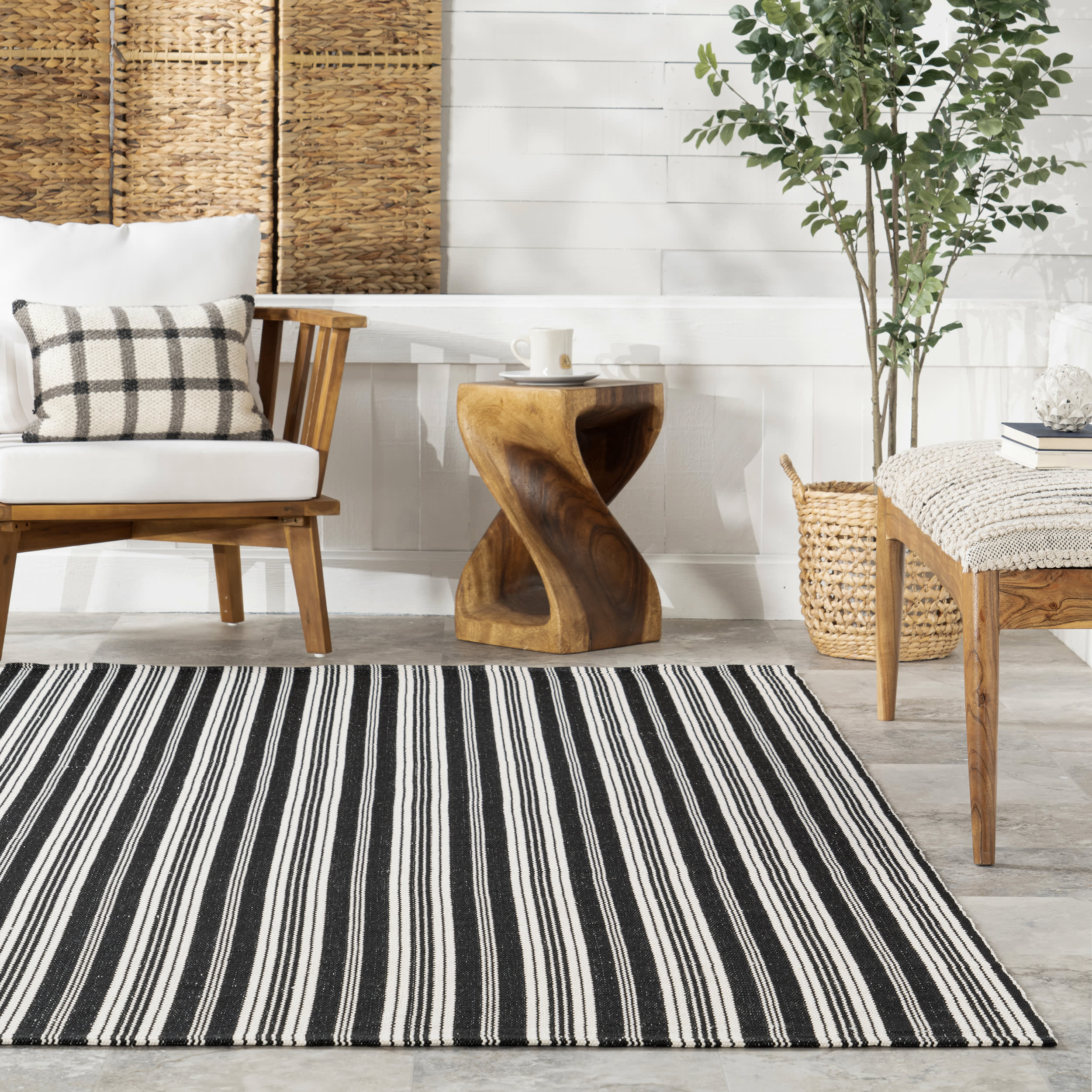 Ticking Stripe Handwoven Indoor/Outdoor Rug | Black - Image 4