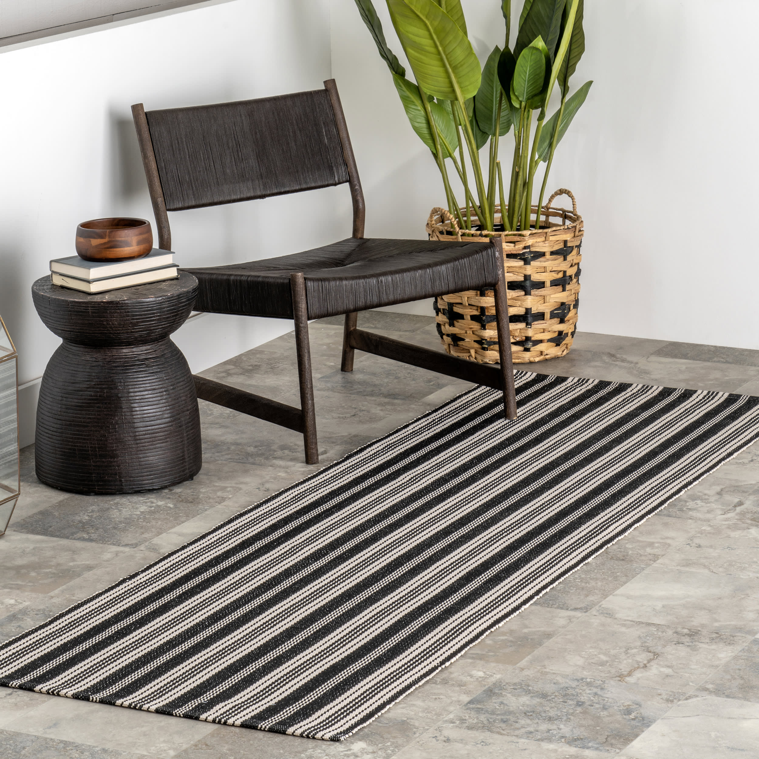 Ticking Stripe Handwoven Indoor/Outdoor Rug | Black - Image 2