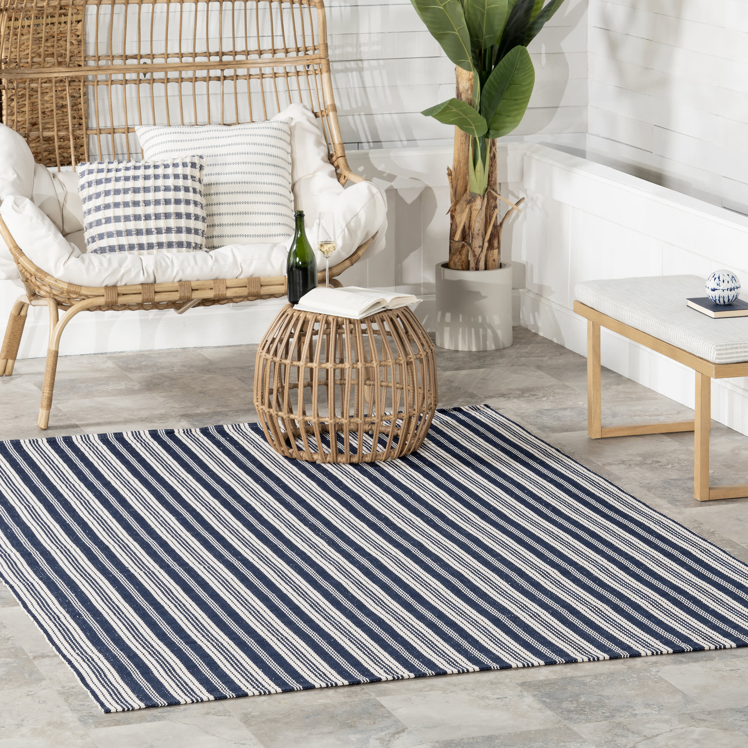 Ticking Stripe Handwoven Indoor/Outdoor Rug | Blue - Image 2